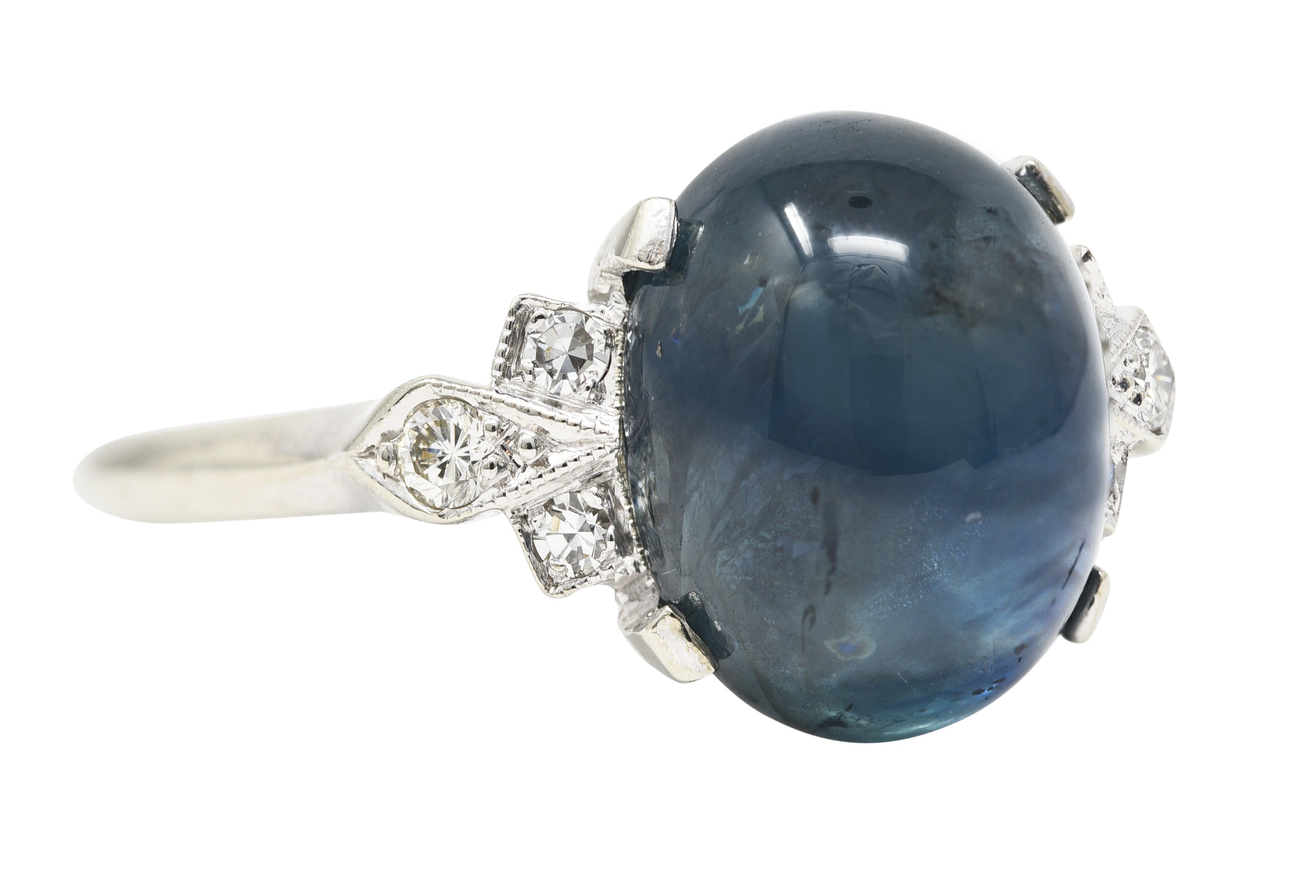 Contemporary 9.80 CTW Sapphire Cabochon Diamond 14 Karat White Gold Gemstone Ring Wilson's Estate Jewelry