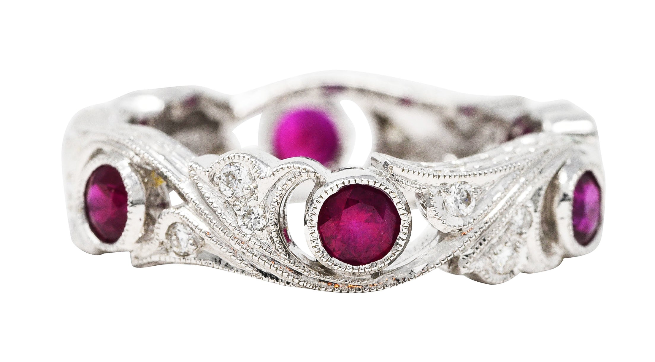 Contemporary 1.05 CTW Ruby Diamond 18 Karat White Gold Ginkgo Band RingRings - Wilson's Estate Jewelry