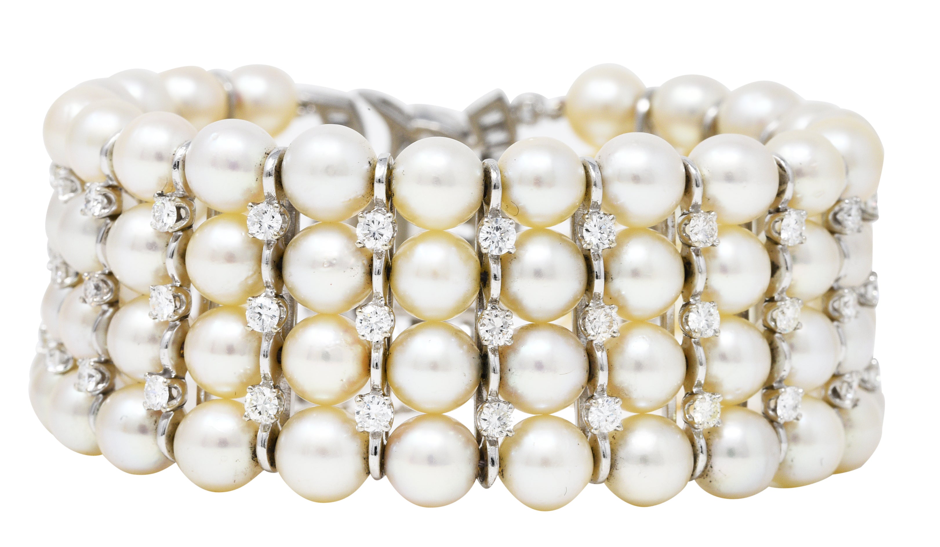 1950's Mid-Century 8.00 CTW Diamond Cultured Pearl Platinum Vintage Multi-Strand Statement Bracelet Wilson's Estate Jewelry