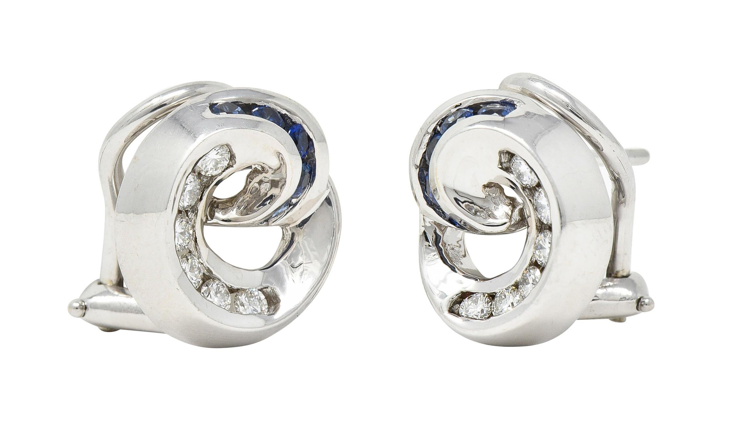 Charles Krypell Vintage Sapphire Diamond 18 Karat White Gold Swirl Earrings