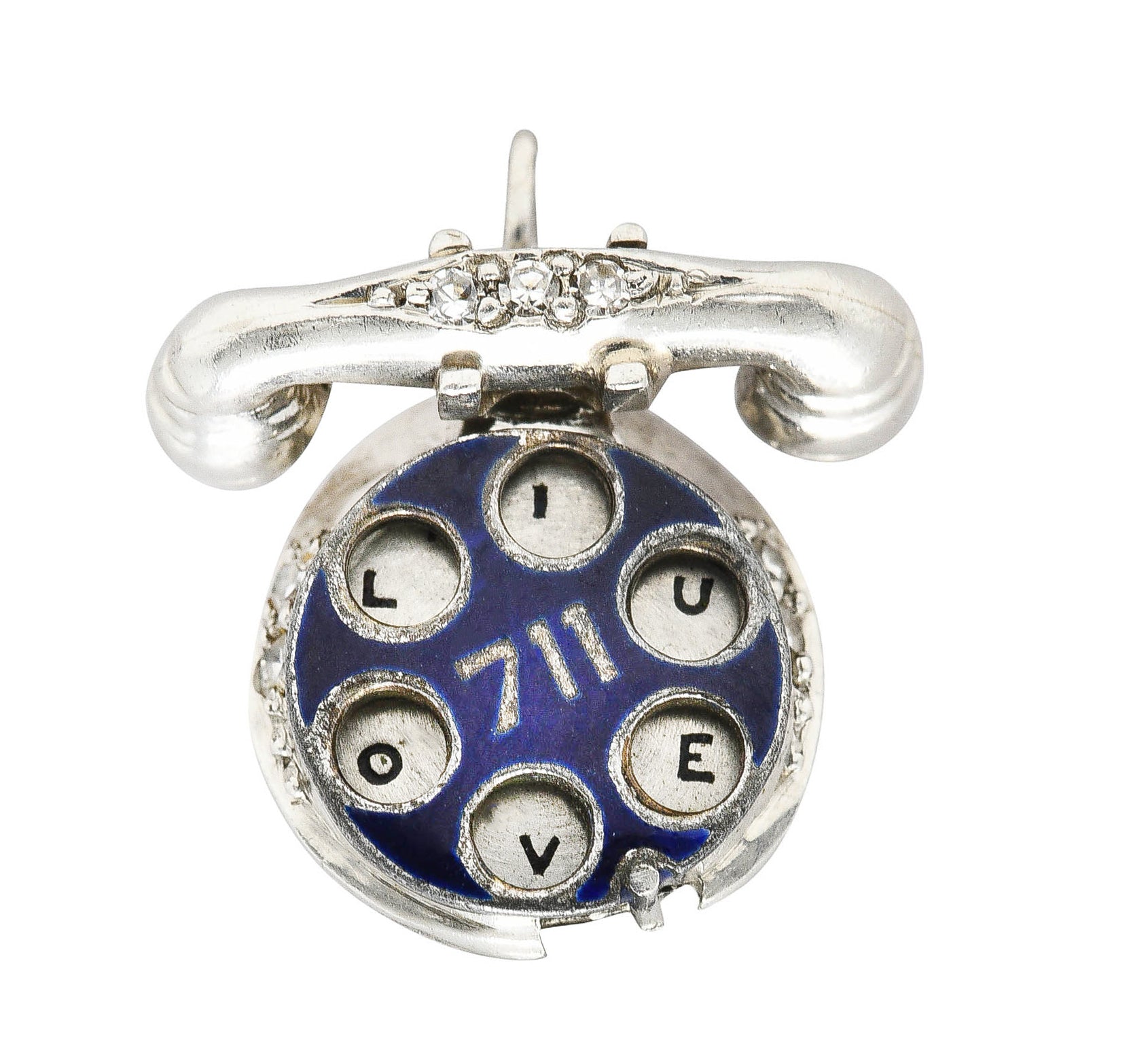 Art Deco Diamond Enamel Platinum HELLO I LOVE YOU Vintage Phone Charm Wilson's Estate Jewelry