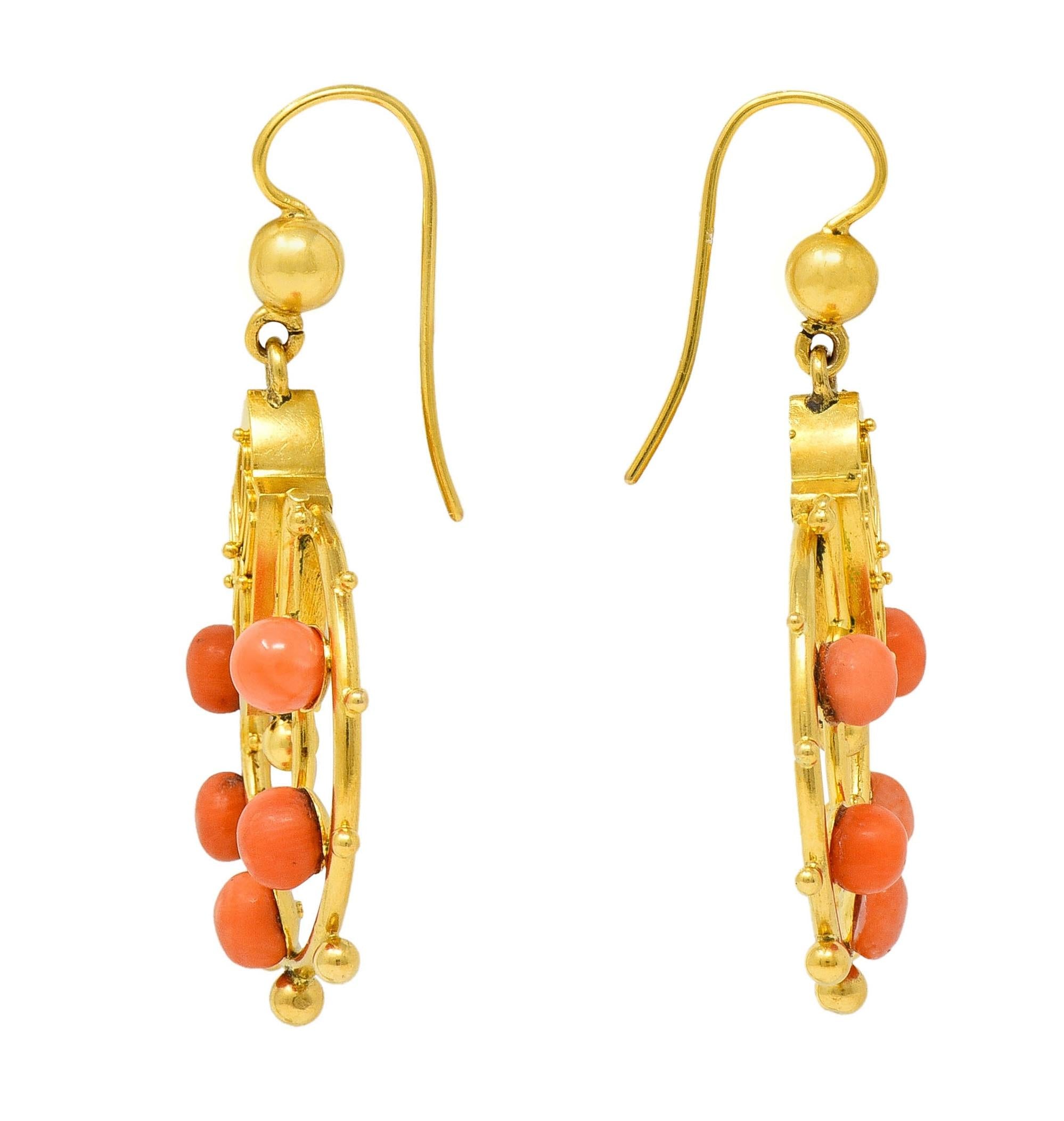 Victorian Etruscan Revival Coral 18 Karat Yellow Gold Antique Drop Earrings