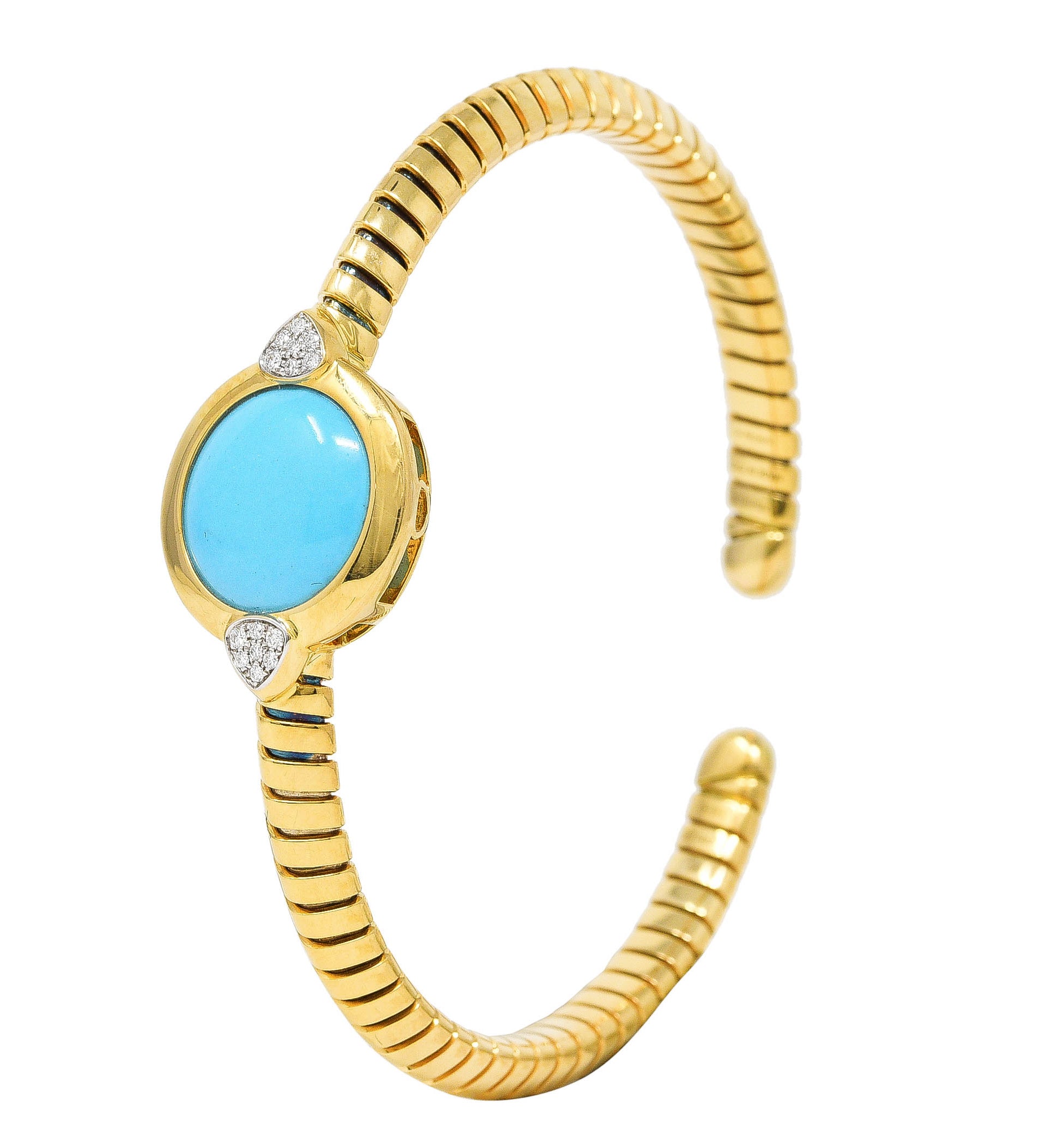 Marina B. Contemporary Diamond Turquoise Platinum 18 Karat Yellow Gold Soleil Vintage Tubogas Cuff Wilson's Estate Jewelry