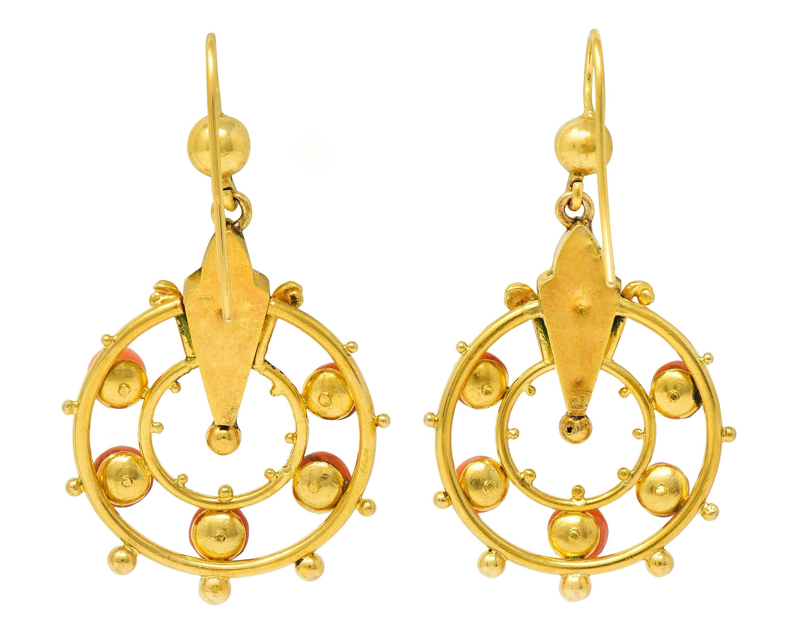 Victorian Etruscan Revival Coral 18 Karat Yellow Gold Antique Drop Earrings