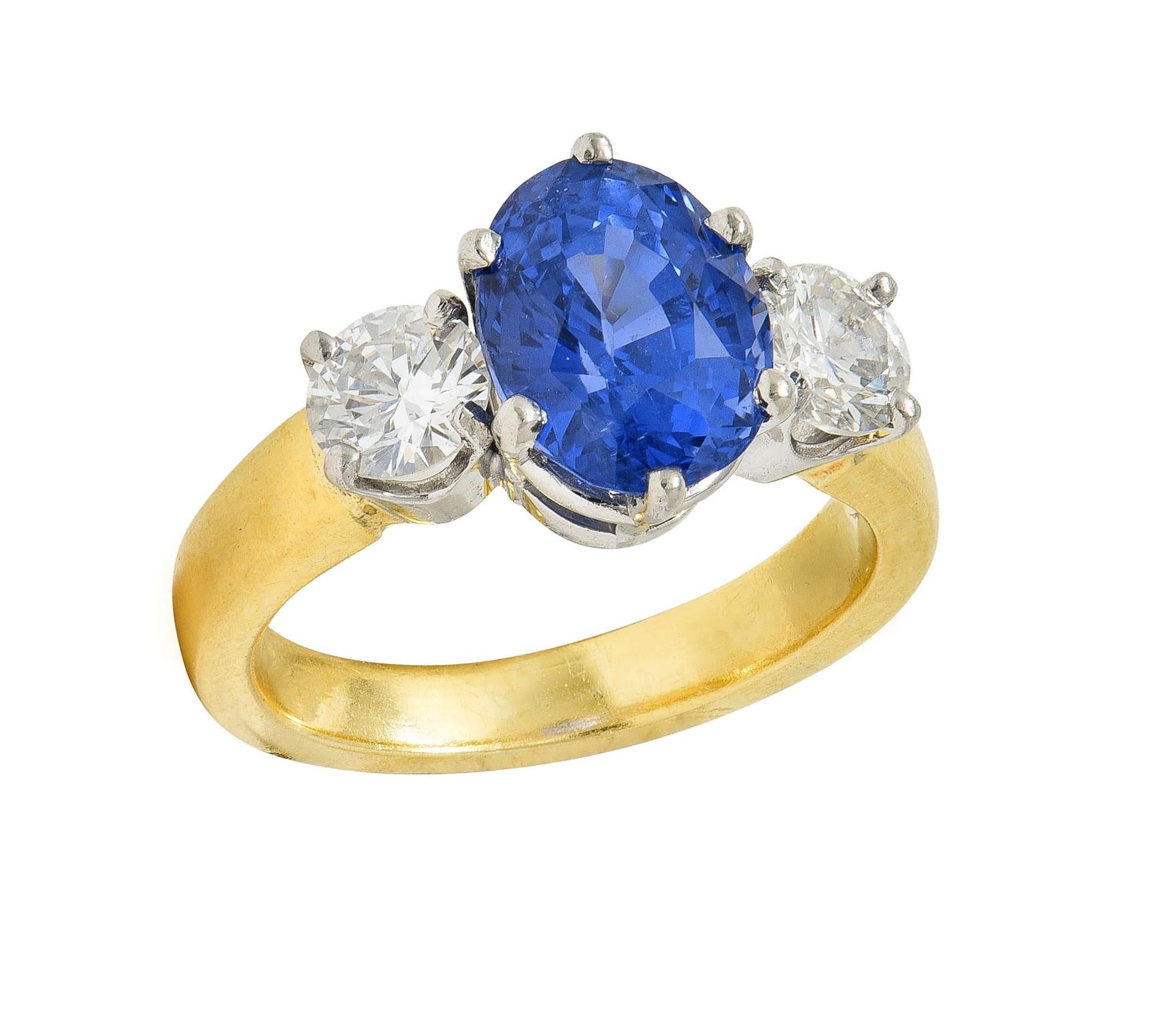 Vintage 3.86 CTW No Heat Ceylon Sapphire Diamond Platinum 18 Karat Gold Ring GIA