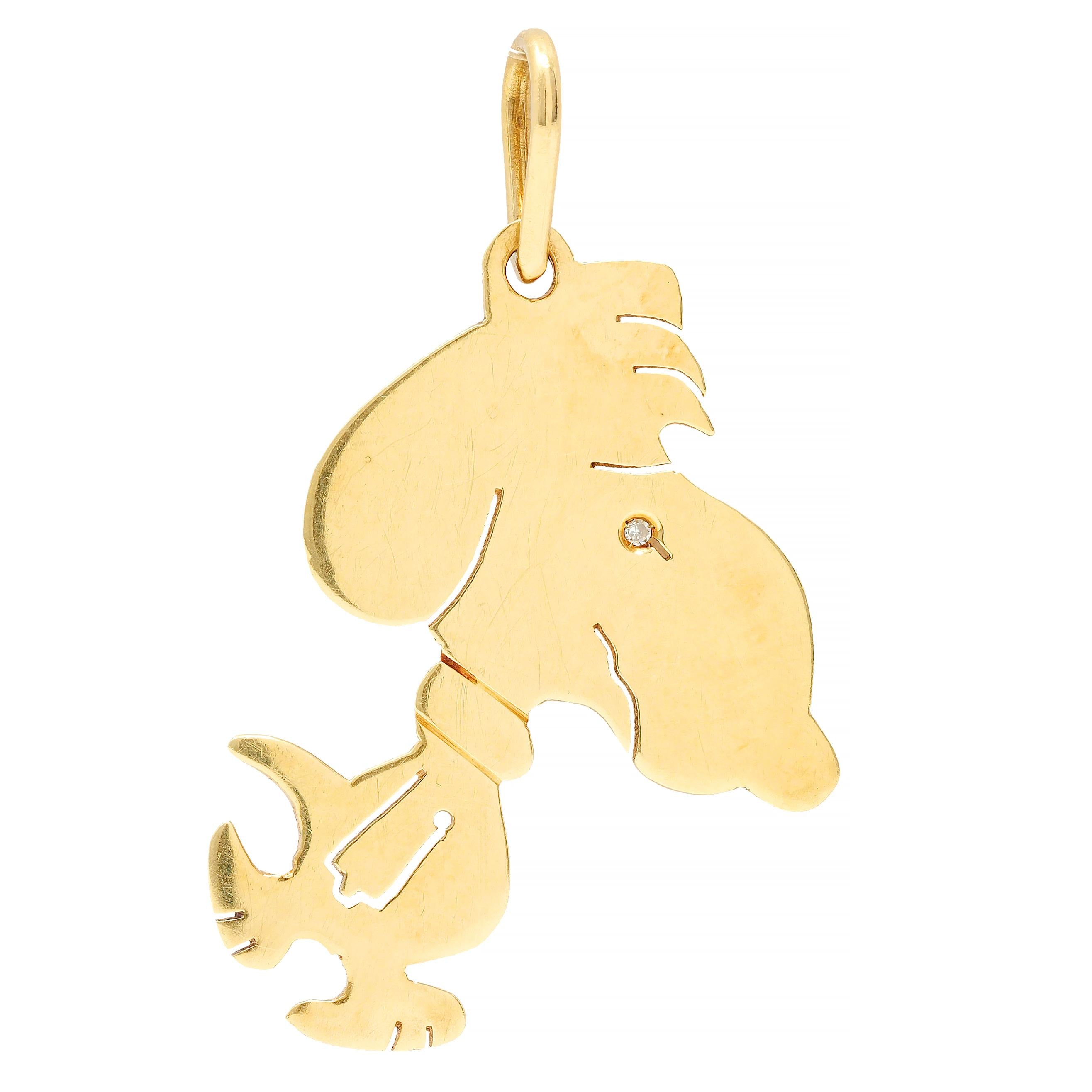 1950's Diamond 18 Karat Yellow Gold Cartoon Snoopy Vintage Pendant