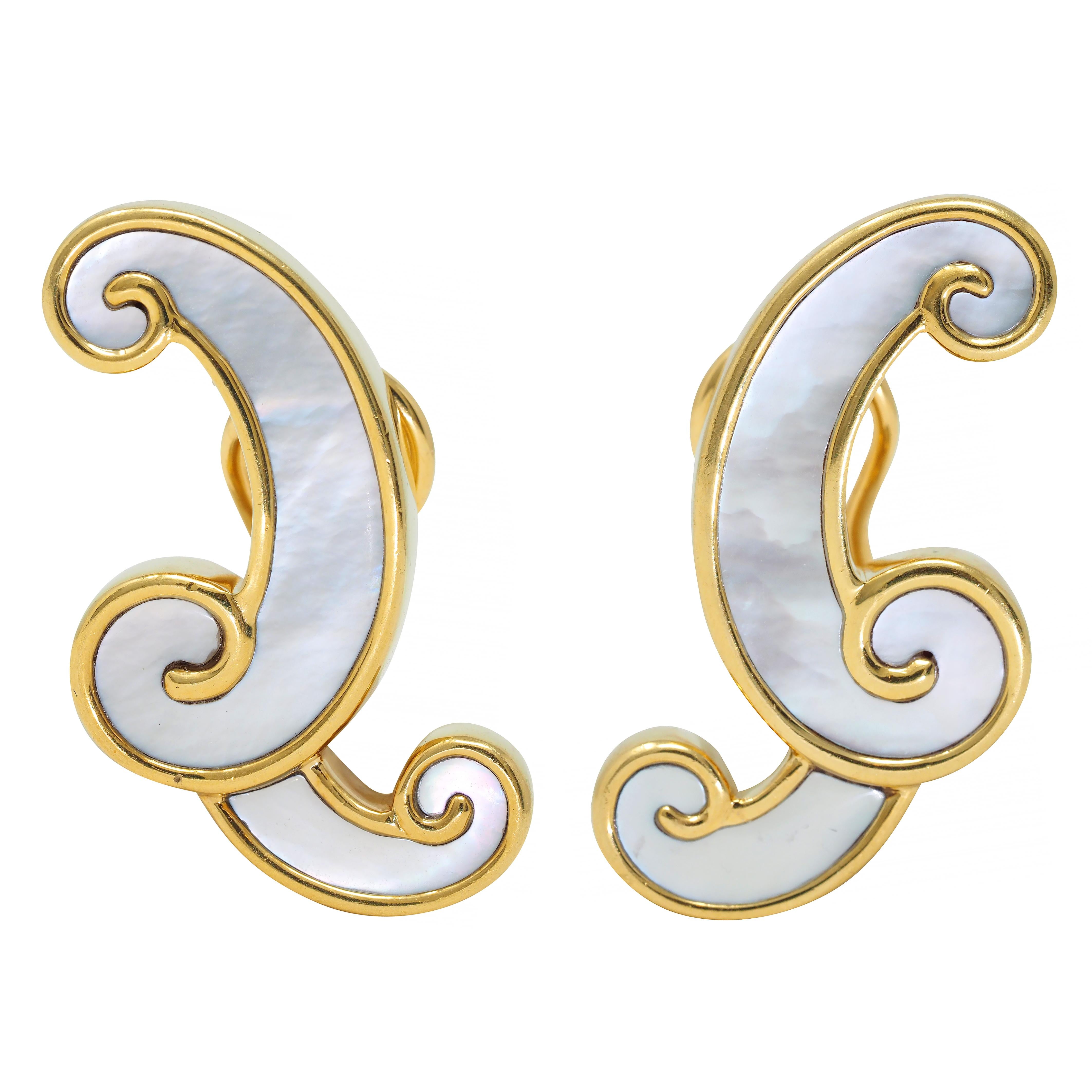 Angela Cummings 1980s Mother-Of-Pearl 18 Karat Gold Scroll Ear-Clip Earrings