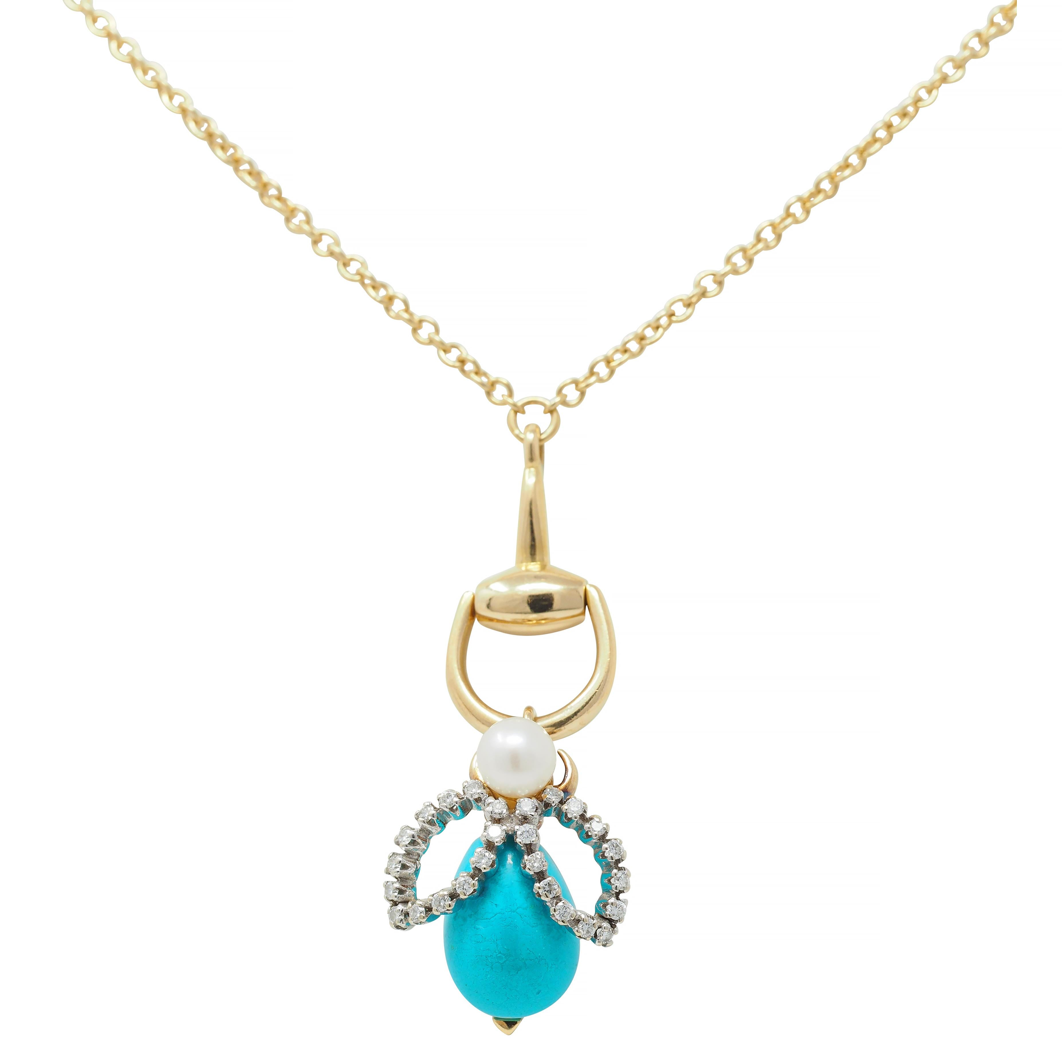 Gucci Turquoise Pearl Diamond Platinum 18K Gold Horsebit Bee Pendant Necklace