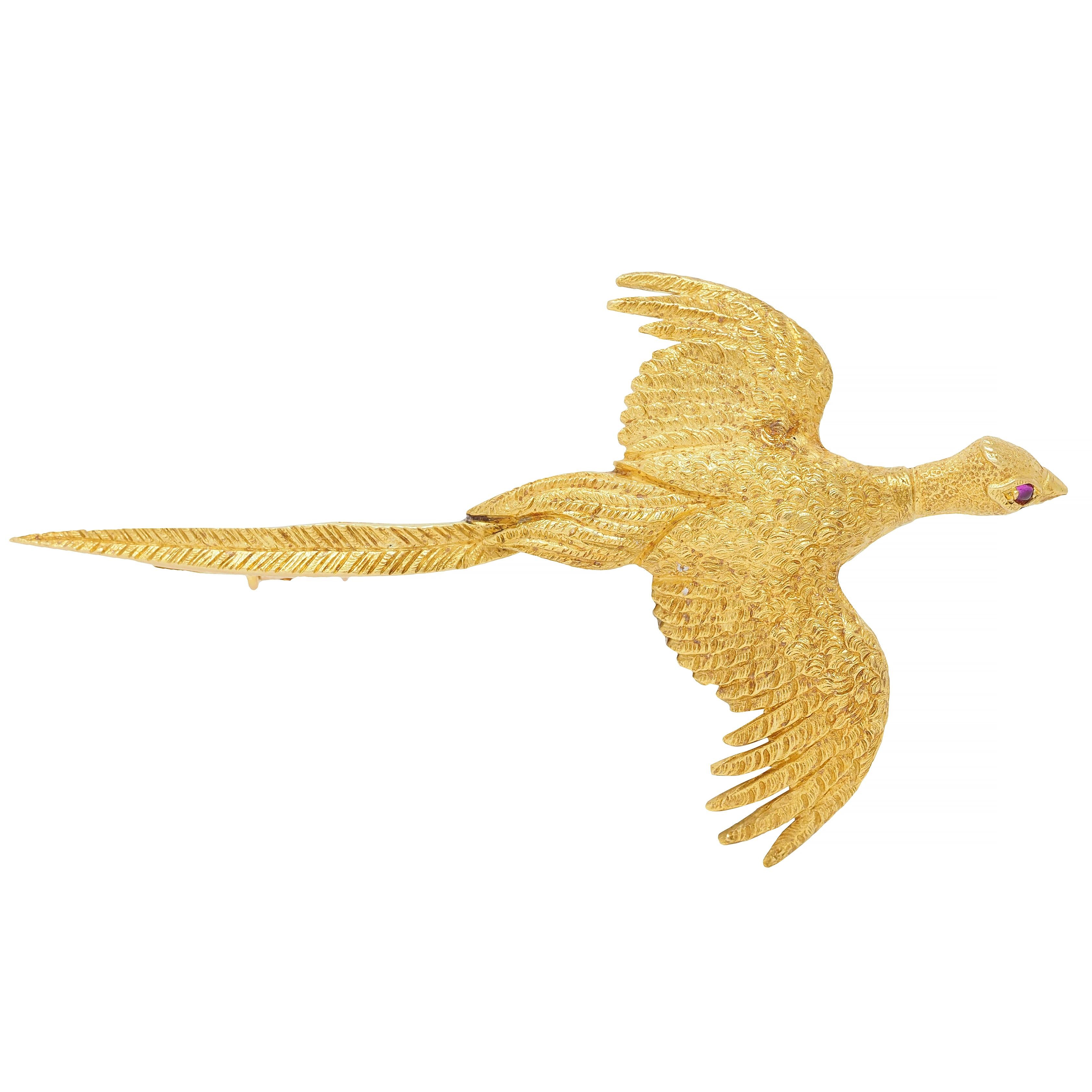 Hermés Paris 1970's Ruby 18 Karat Yellow Gold Vintage Pheasant Bird Brooch