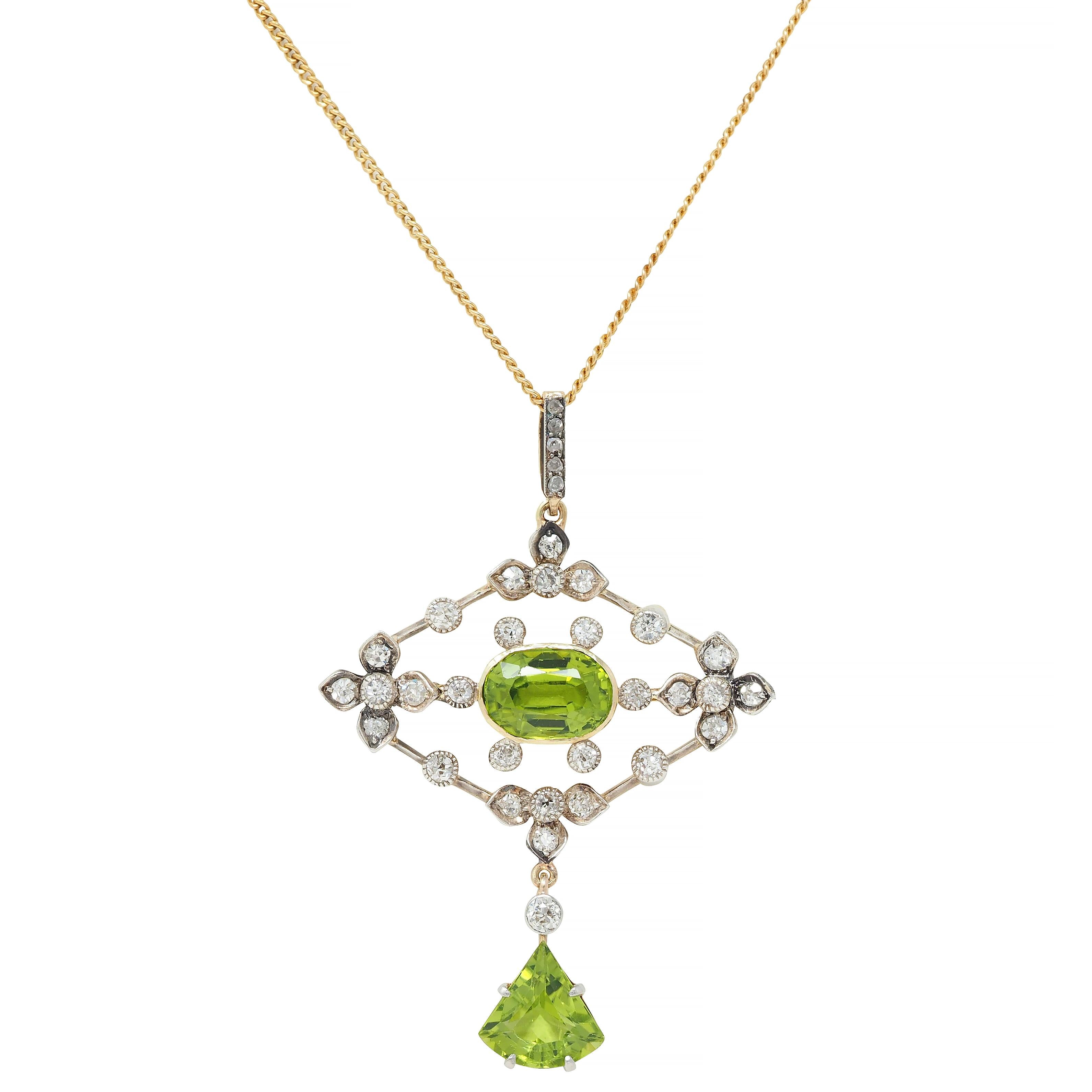 Edwardian Peridot Diamond 18 Karat Gold Silver Floral Drop Pendant Necklace