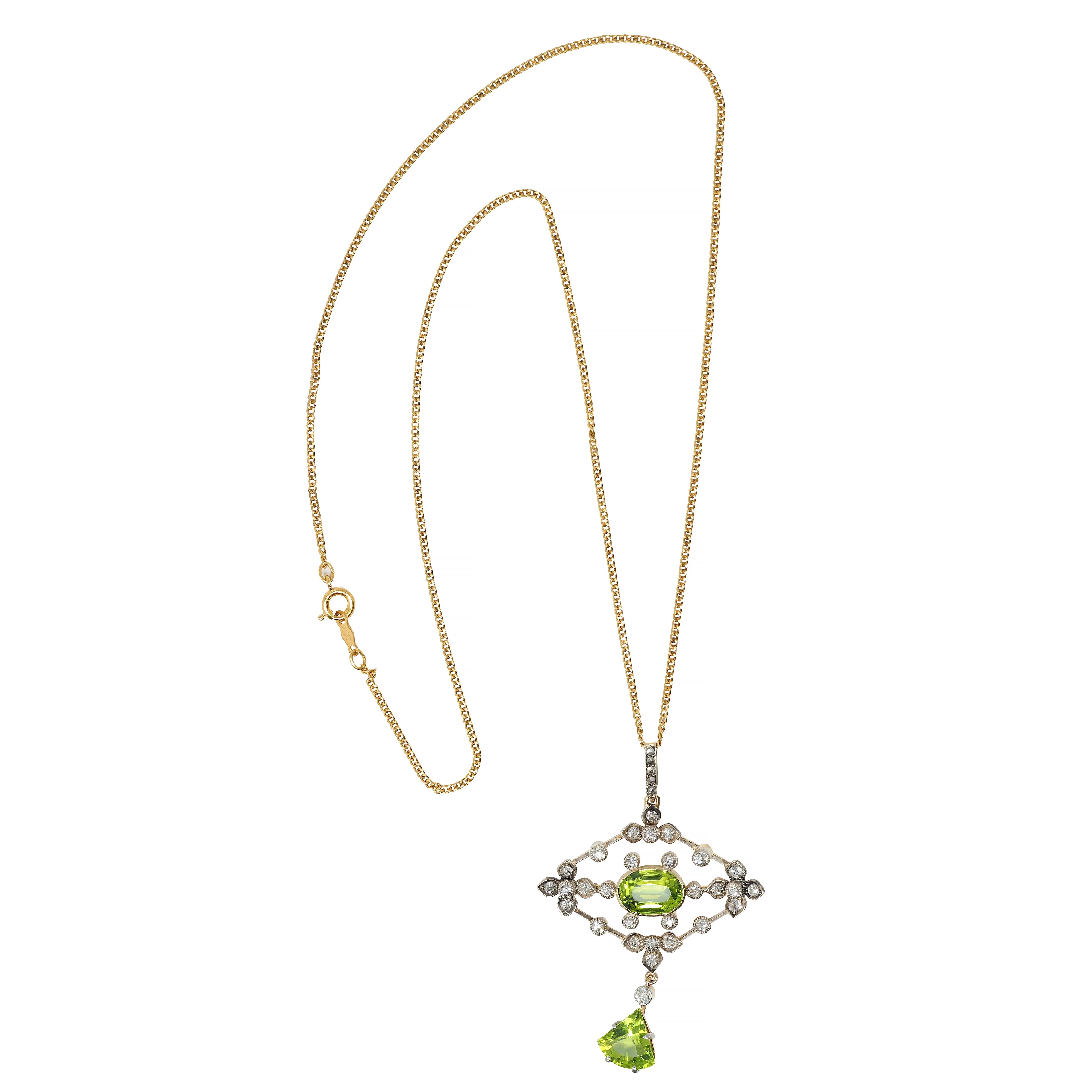 Edwardian Peridot Diamond 18 Karat Gold Silver Floral Drop Pendant Necklace