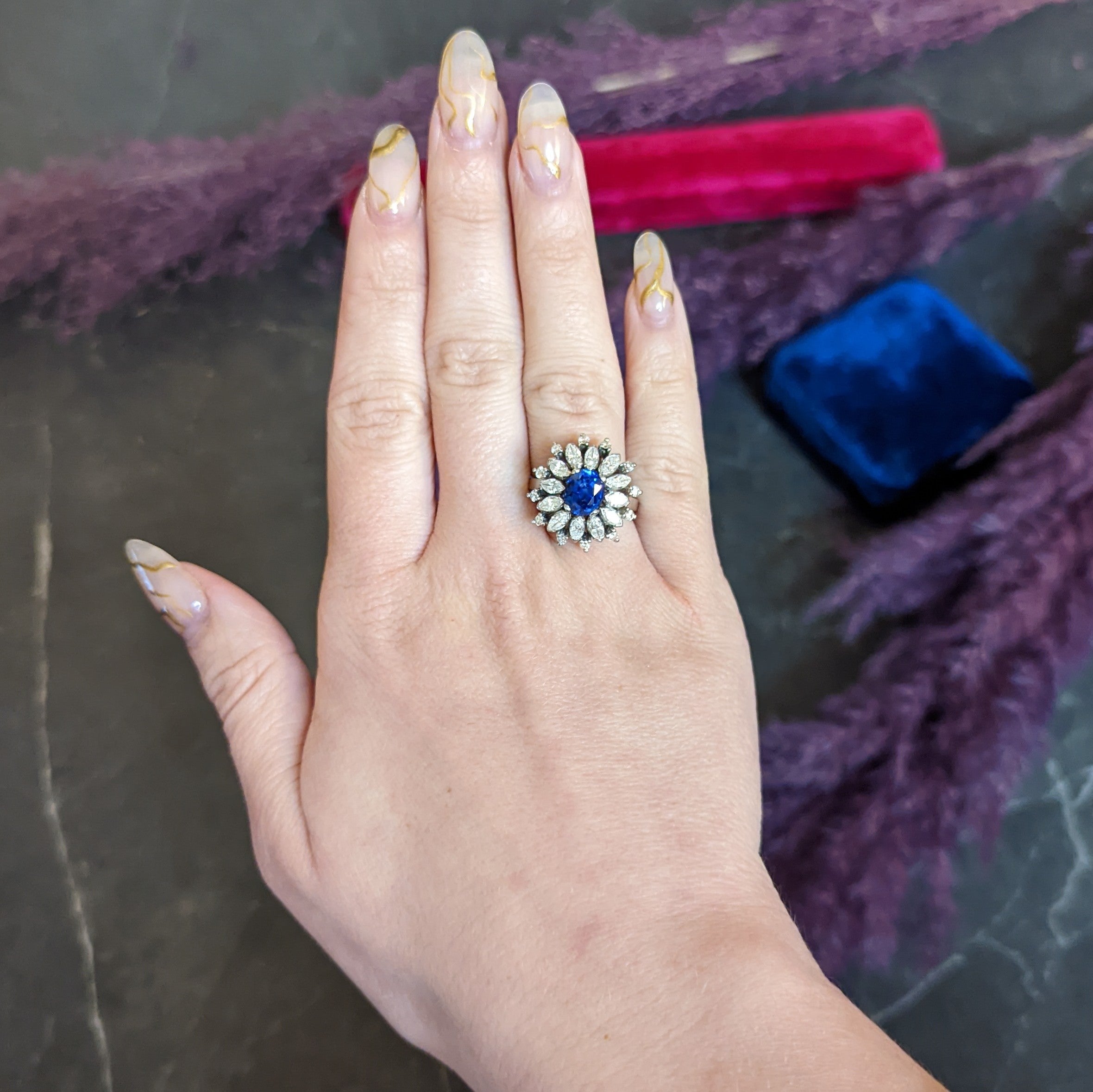 Mid-Century 3.91 CTW No Heat Ceylon Sapphire Diamond Platinum Cluster Ring GIA Wilson's Antique & Estate Jewelry