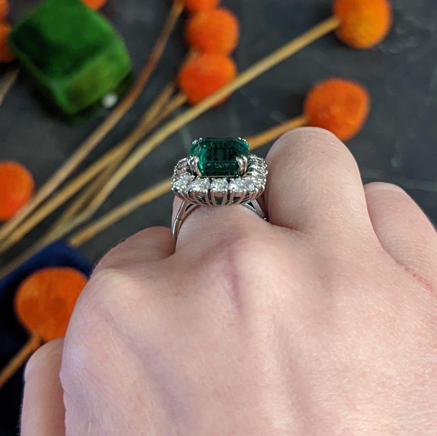 Outstanding 1950's Mid-Century Colombian Emerald Diamond 18 Karat White Cluster Ring AGL Wilson's Estate Jewelry