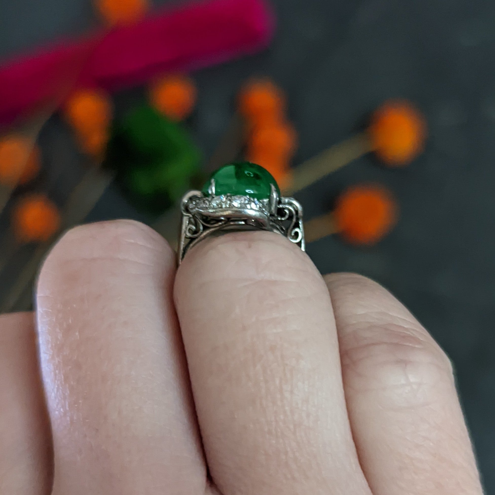 Mid-Century Jadeite Jade Diamond Platinum Bypass Ring GIA Wilson's Estate Jewelry