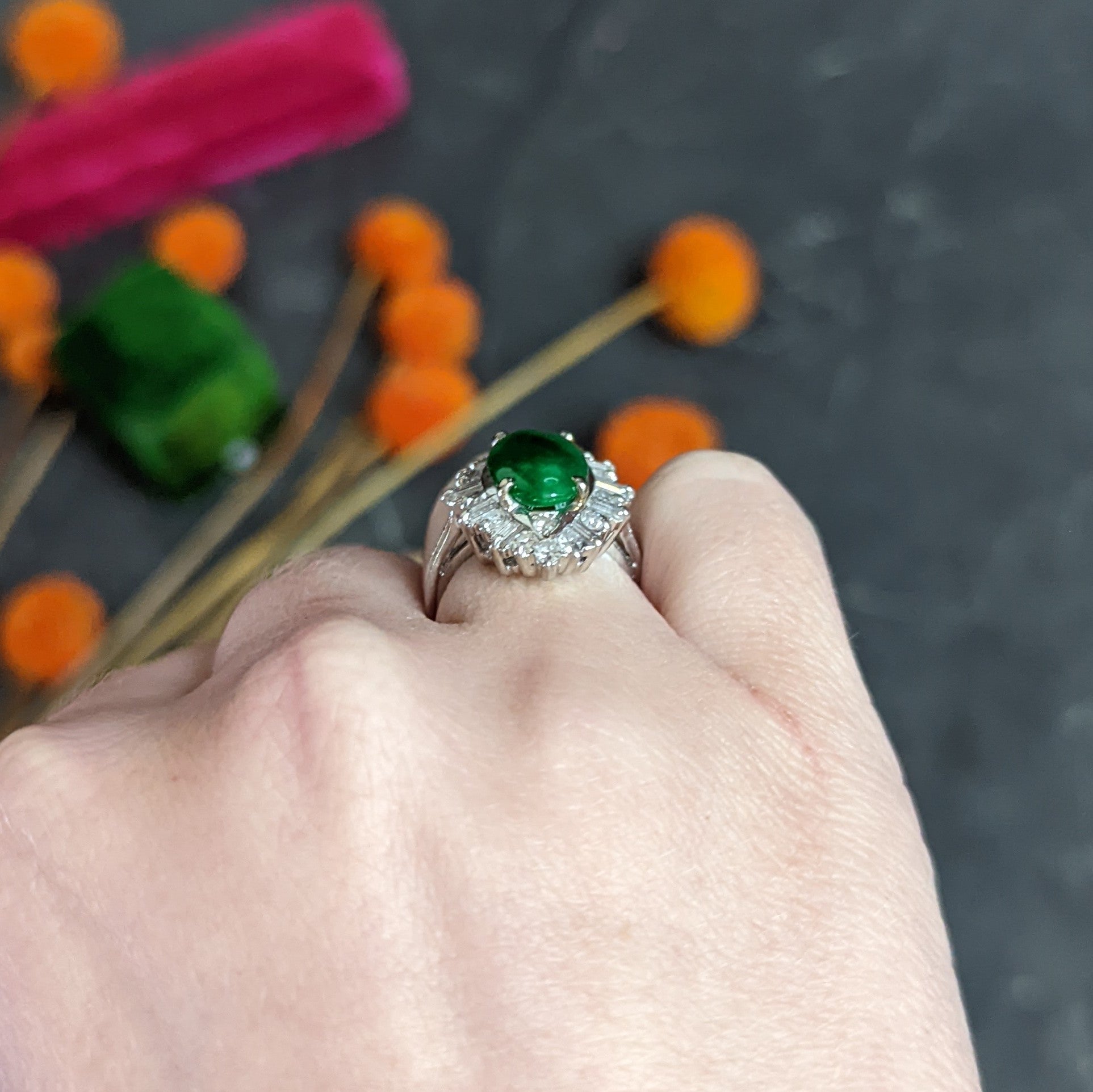 Mid-Century Jadeite Jade 1.26 CTW Diamond Platinum Navette Cluster Ring GIA Wilson's Estate Jewelry