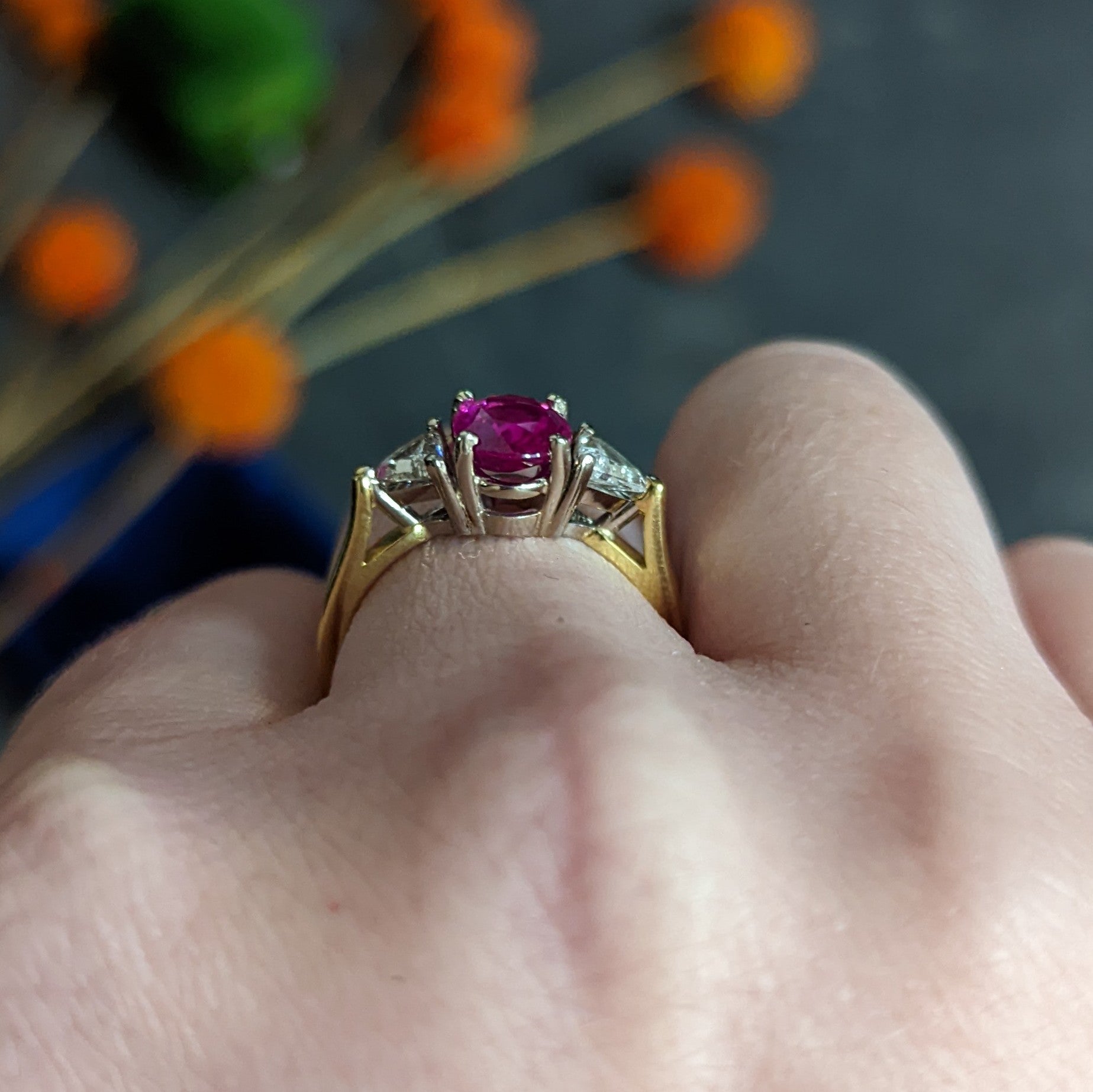 1980's Vintage 1.68 CTW Burmese Ruby Diamond 18 Karat Two-Tone Gold Ring AGL Wilson's Estate Jewelry