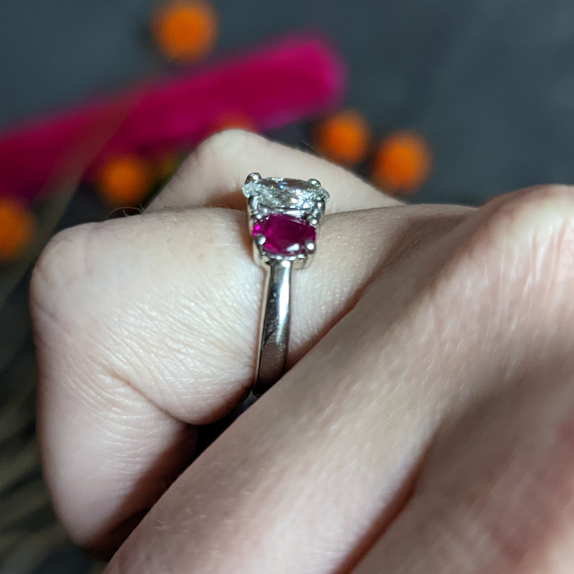 1950's Mid-Century 2.13 CTW Diamond Ruby Platinum Three Stone Ring GIA Wilson's Estate Jewelry