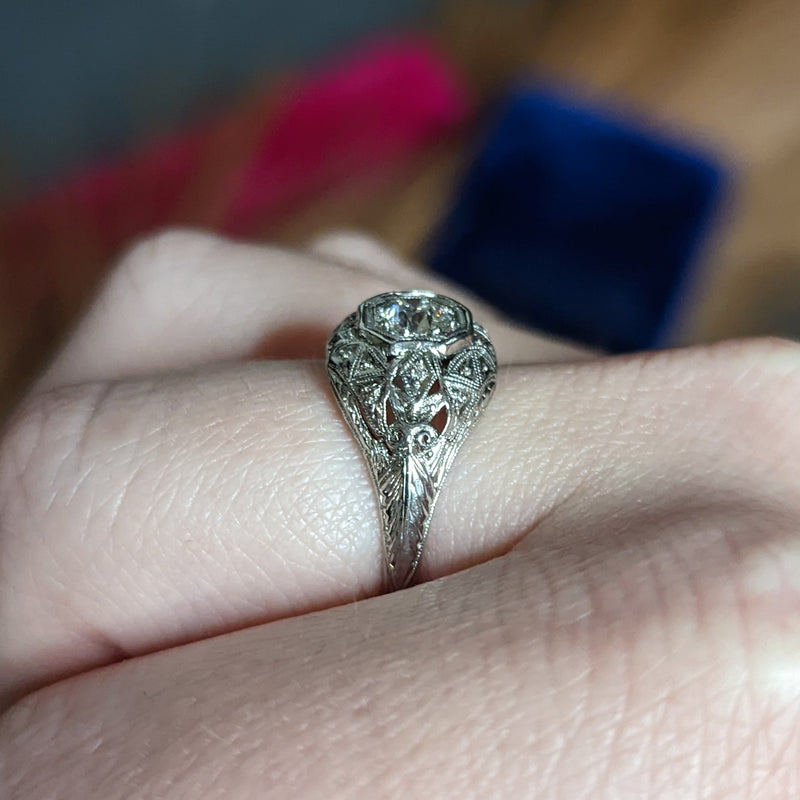 Early Art Deco 0.34 CTW Diamond Platinum-Topped 18 Karat White Gold Foliate Engagement Ring Wilson's Estate Jewelry