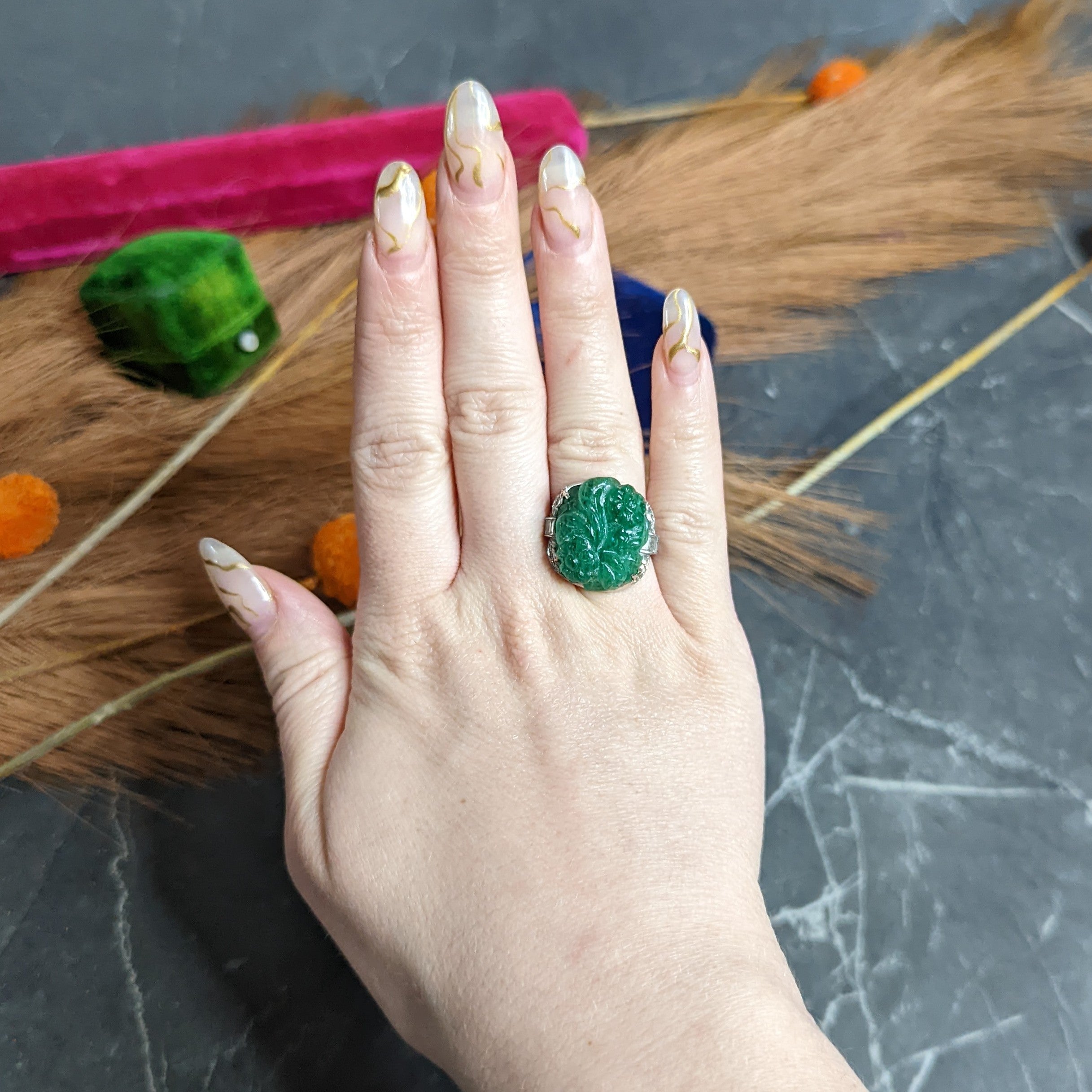 Art Deco 15.60 CTW Carved Colombian Emerald Diamond Platinum Floral Ring Wilson's Estate Jewelry