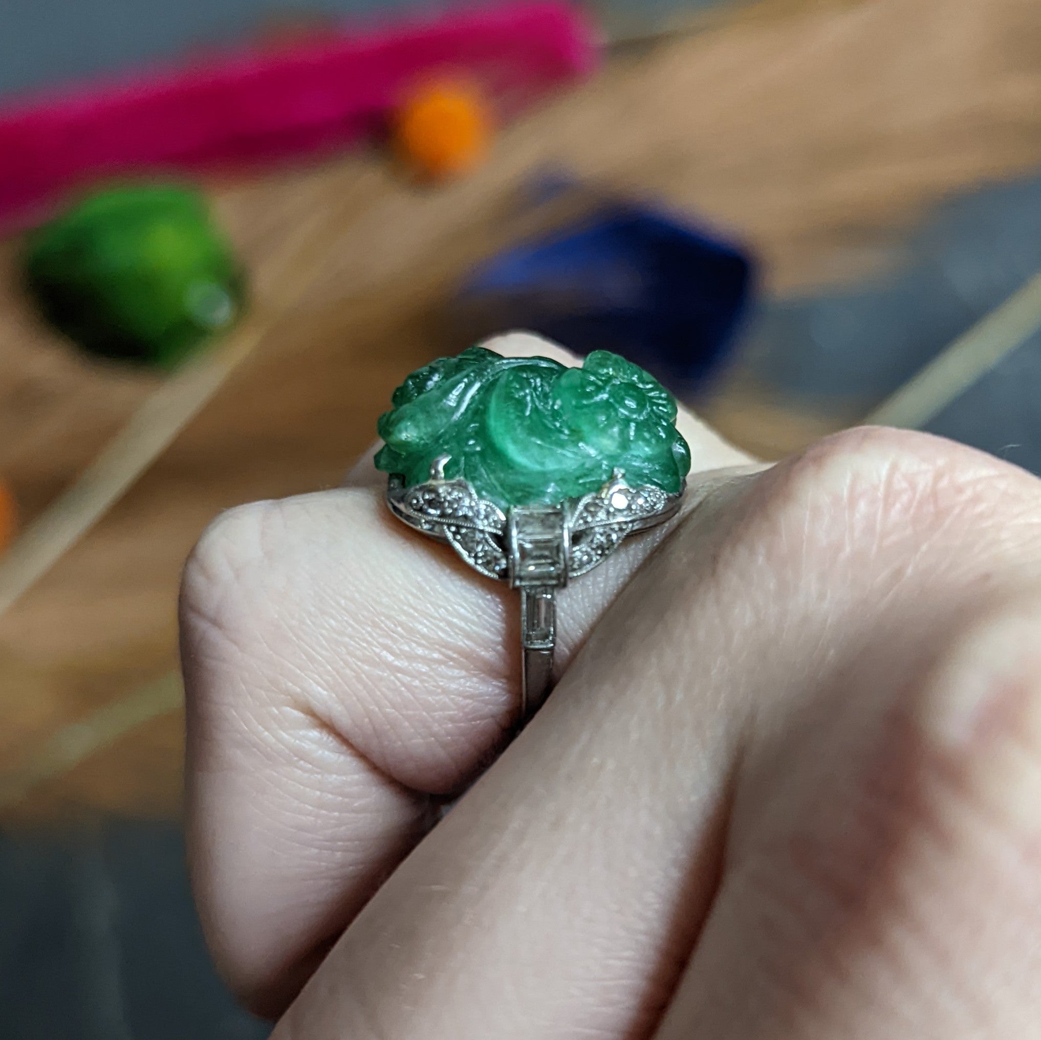 Art Deco 15.60 CTW Carved Colombian Emerald Diamond Platinum Floral Ring Wilson's Estate Jewelry