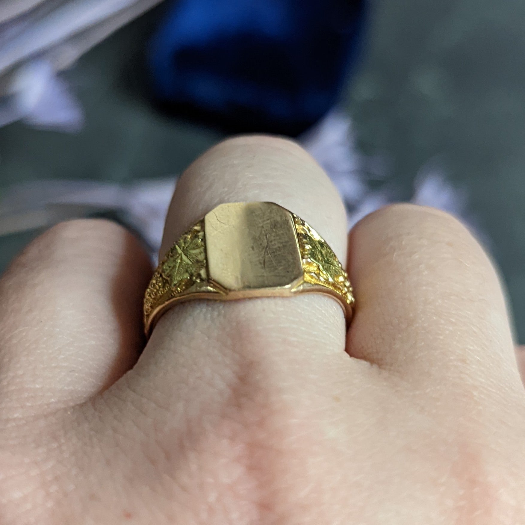 1880's Victorian 10 Karat Two-Tone Gold Grape Vine Unisex Signet Ring Wilson's Estate Jewelry