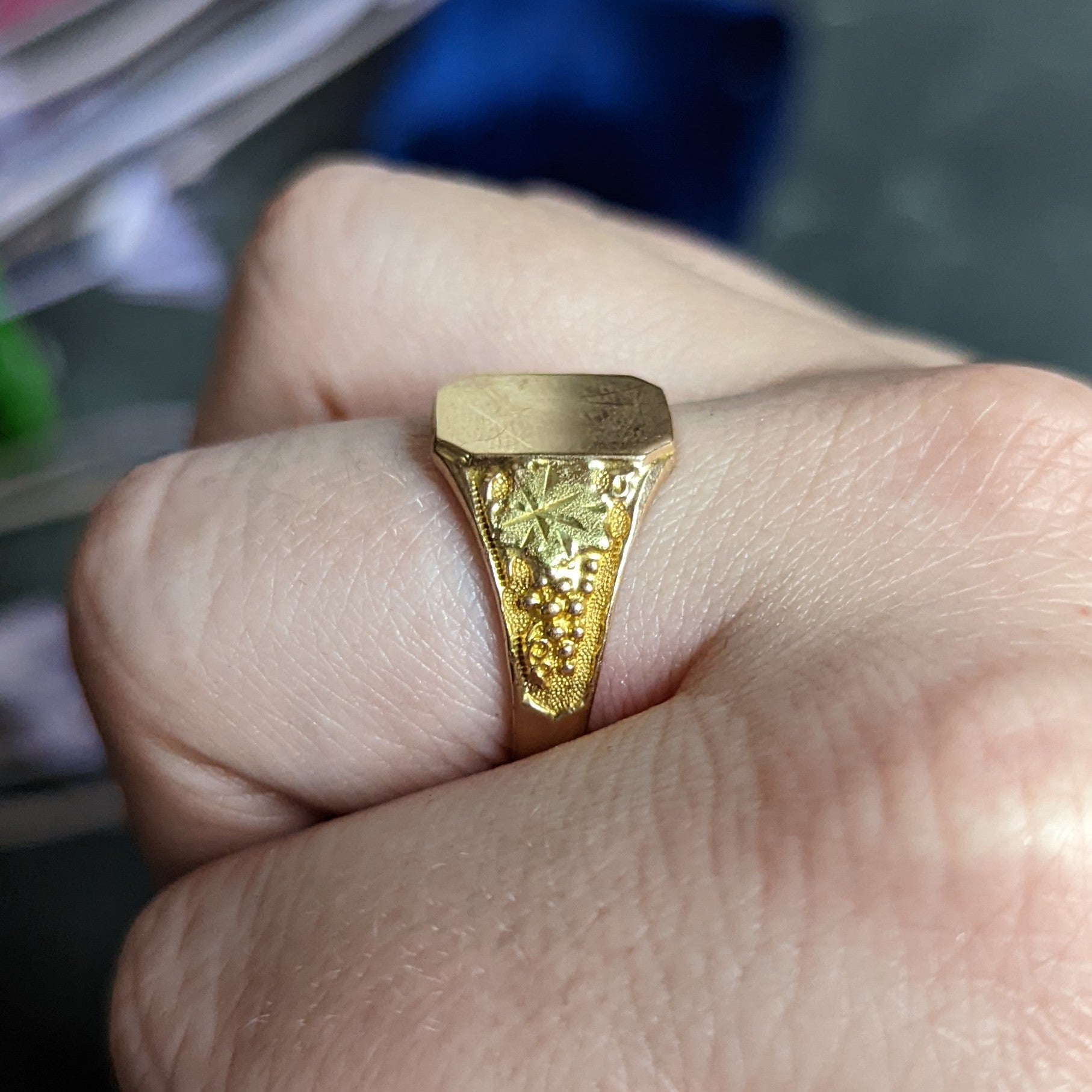 1880's Victorian 10 Karat Two-Tone Gold Grape Vine Unisex Signet Ring Wilson's Estate Jewelry