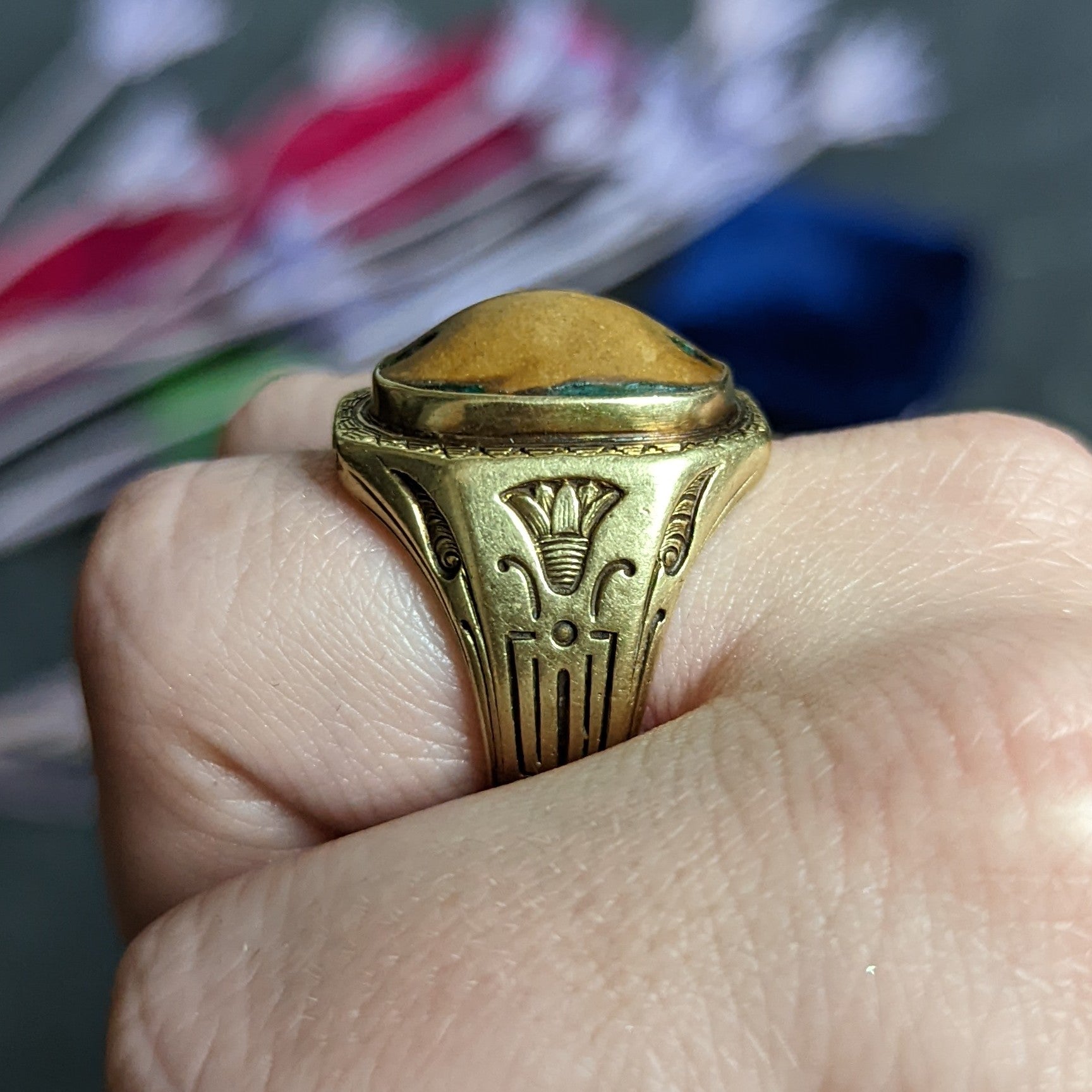 Egyptian Revival Hardstone 14 Karat Gold Unisex Scarab Ring Wilson's Estate Jewelry