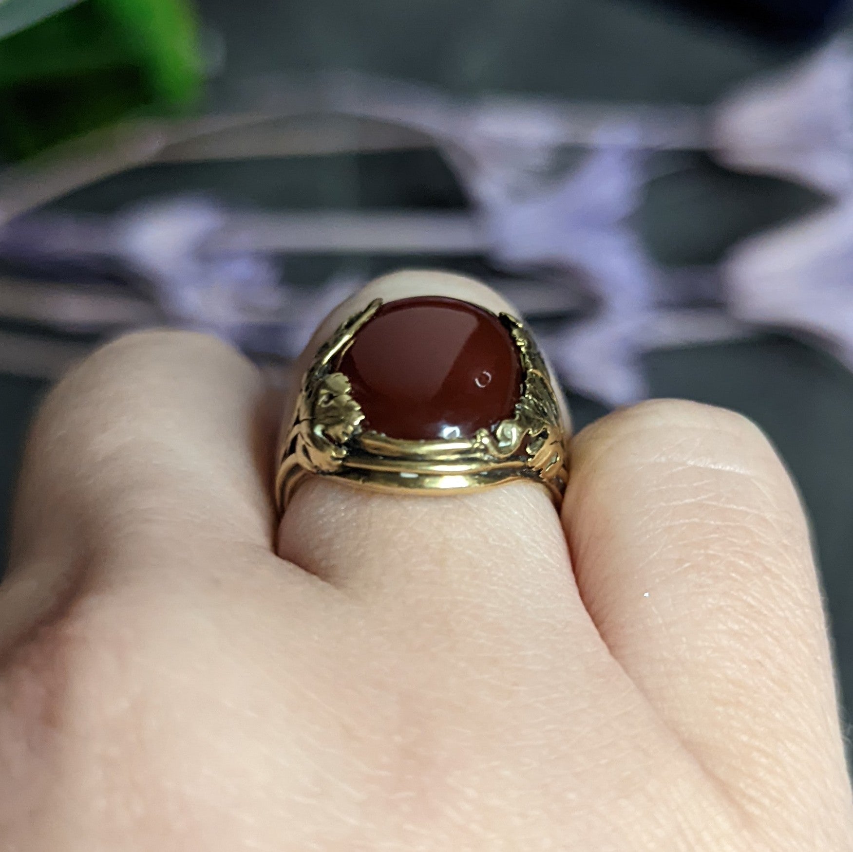 Arts & Crafts Carnelian Cabochon 18 Karat Gold Foliate Ring Wilson's Estate Jewelry