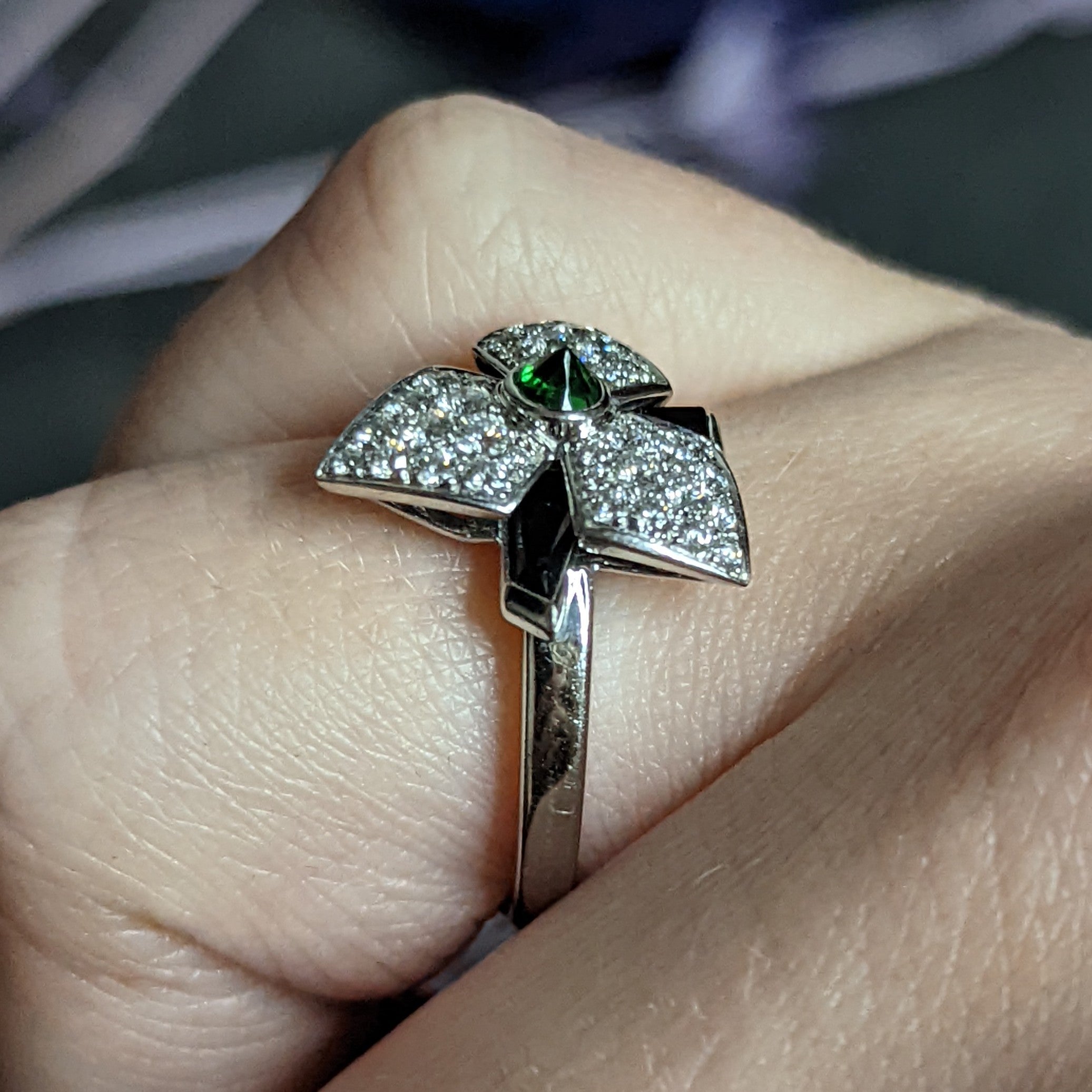 French Cartier Diamond Onyx Tsavorite Garnet 18 Karat White Gold Caresse D'Orchidees Ring Wilson's Estate Jewelry