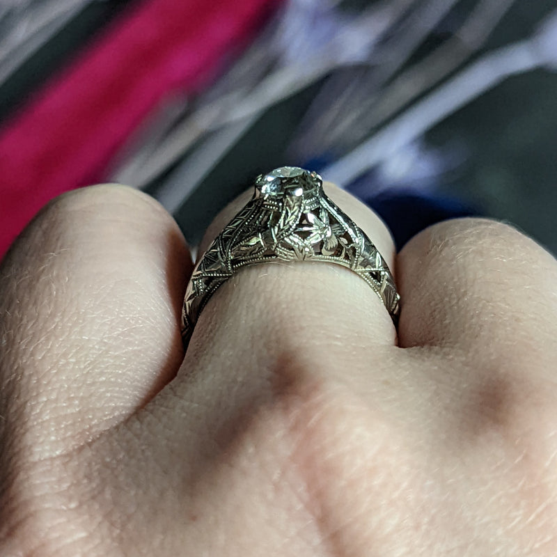 Art Deco 0.81 CTW Diamond 18 Karat White Gold Floral Engagement Ring GIA Wilson's Estate Jewelry