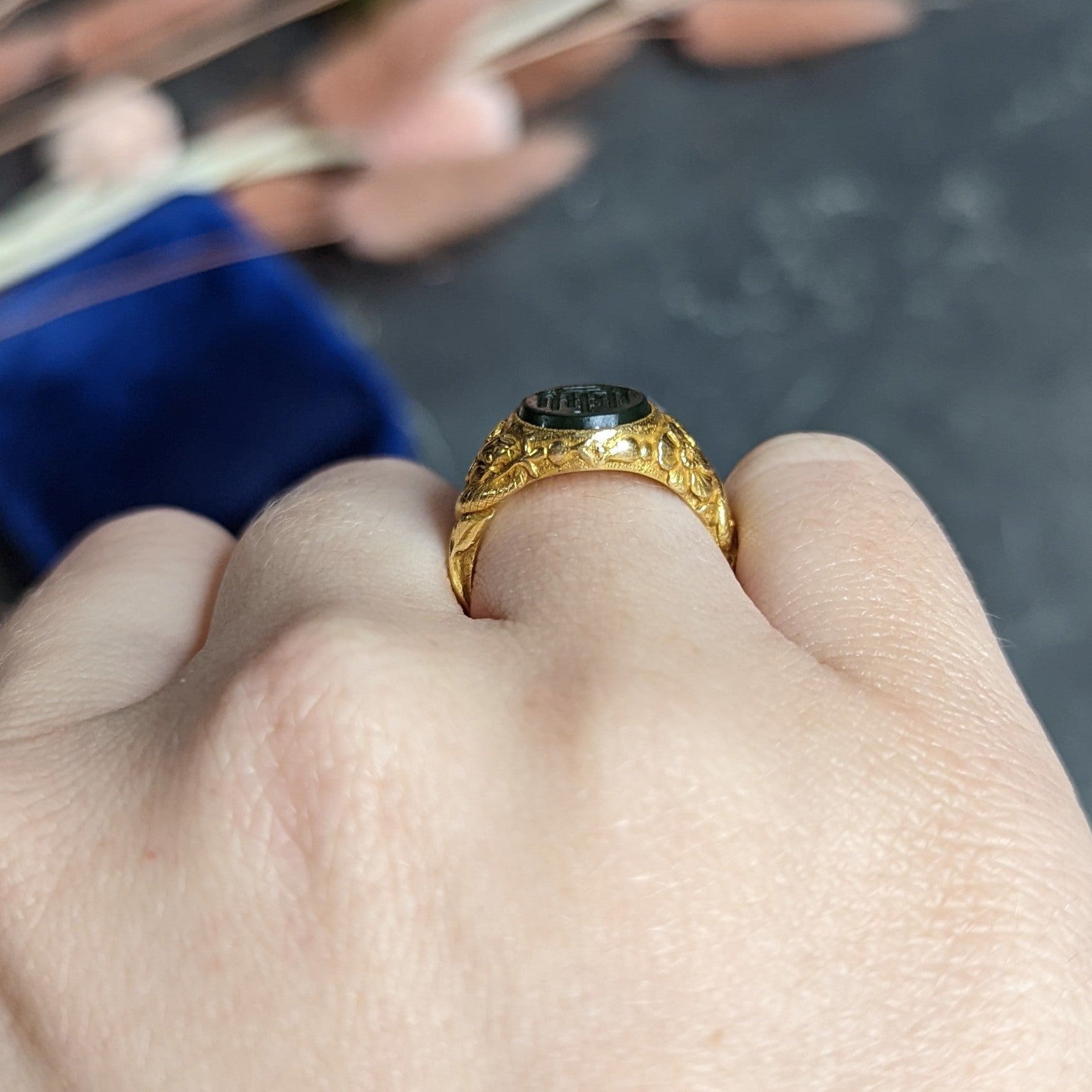 Tiffany & Co. Victorian Nephrite Jade 18 Karat Yellow Gold Floral Snake Signet Intaglio Unisex Ring Wilson's Estate Jewelry