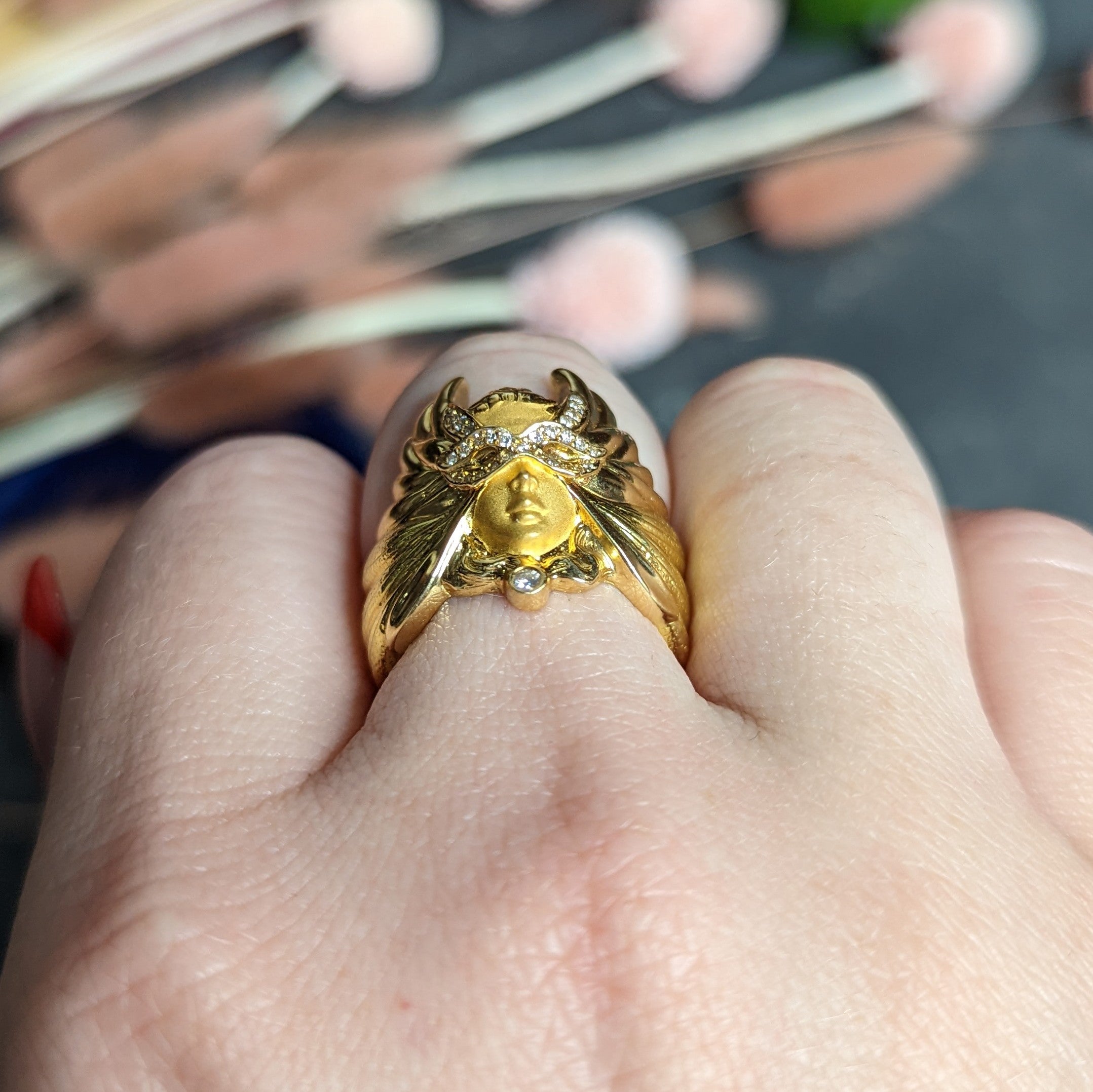 Carrera y Carrera Diamond 18 Karat Two-Tone Gold Mask of An Angel Ring Wilson's Estate Jewelry