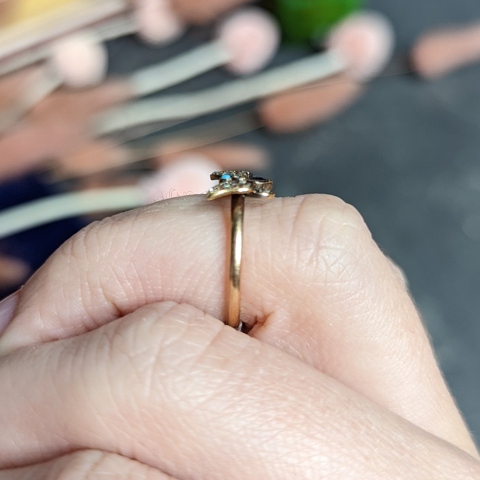 Victorian Diamond Sapphire Turquoise 14 & 18 Karat Rose Gold Butterfly Ring Wilson's Estate Jewelry