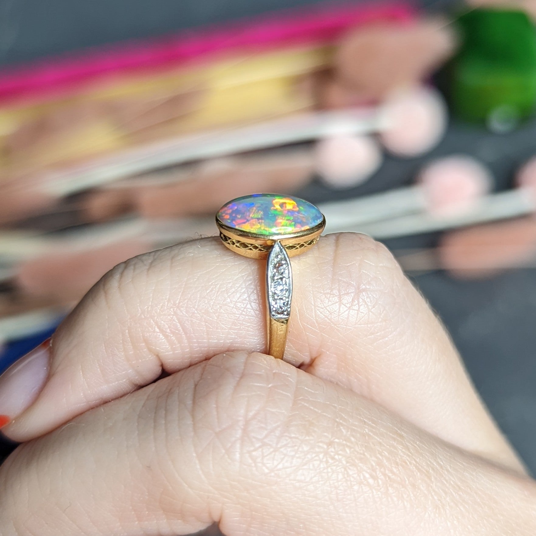 Edwardian Diamond Black Opal Platinum-Topped 18 Karat Yellow Gold Ring Wilson's Estate Jewelry