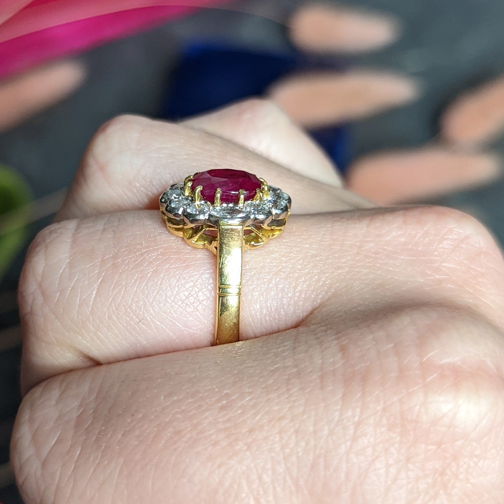 Vintage 3.00 CTW Ruby Diamond 18 Karat Two-Tone Gold Cluster Ring Wilson's Estate Jewelry