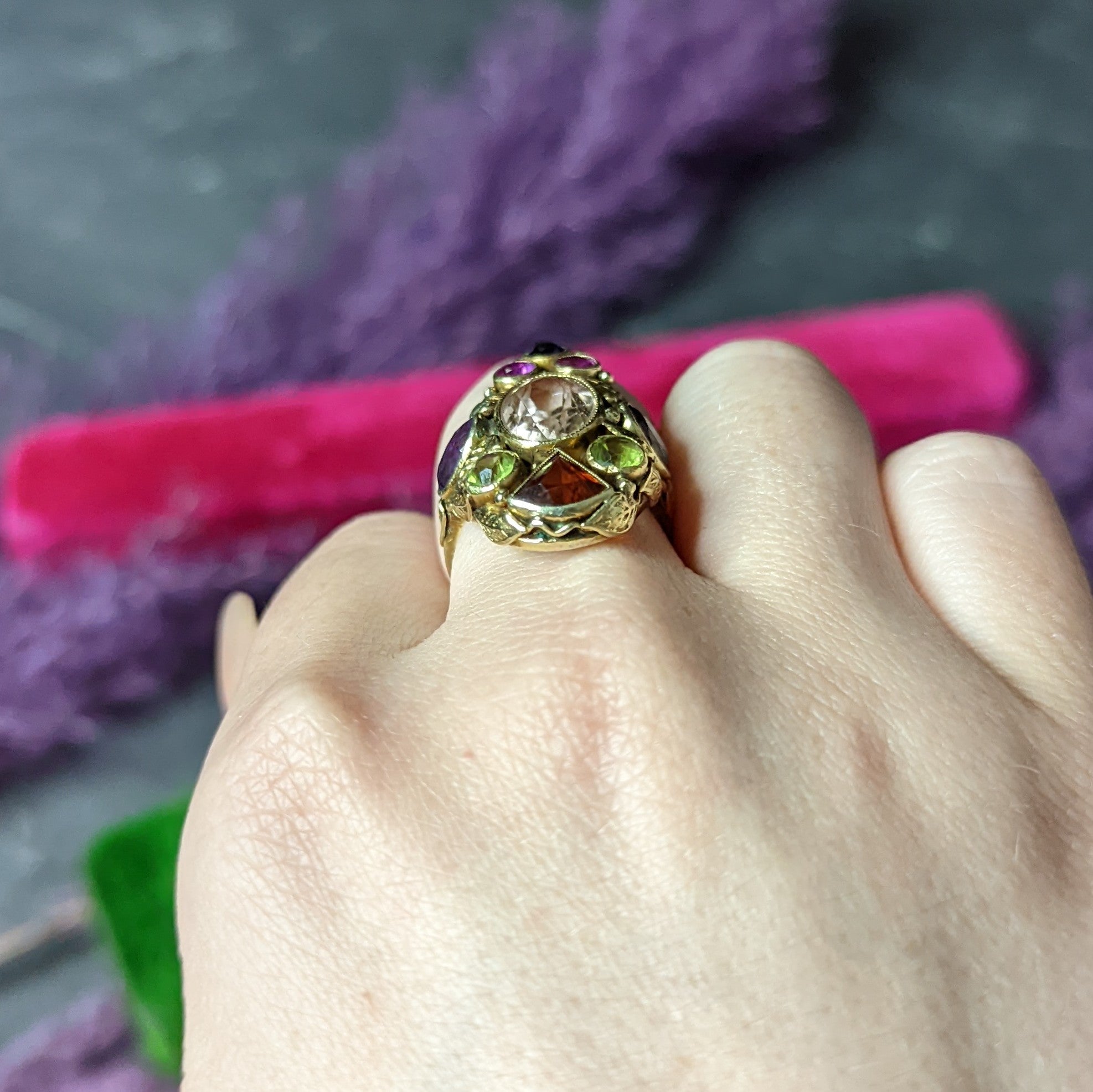 Arts & Crafts Antique Topaz Sapphire Peridot Ruby Multi-Gem 14 Karat Gold Floral Ring Wilson's Estate Jewelry