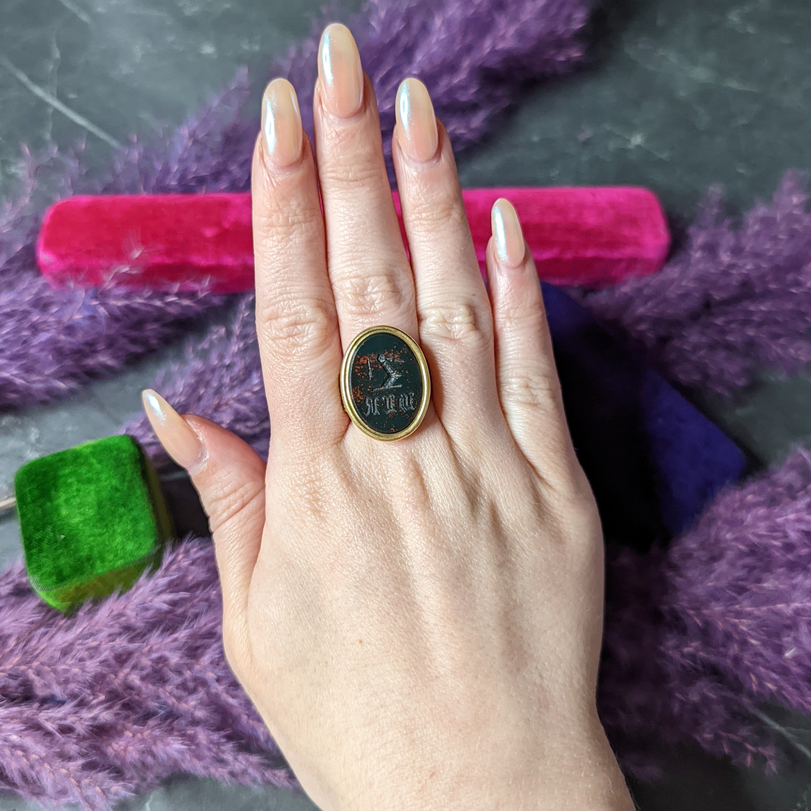 Victorian Bloodstone 18 Karat Gold Intaglio Monogram Signet Unisex Ring Wilson's Estate Jewelry