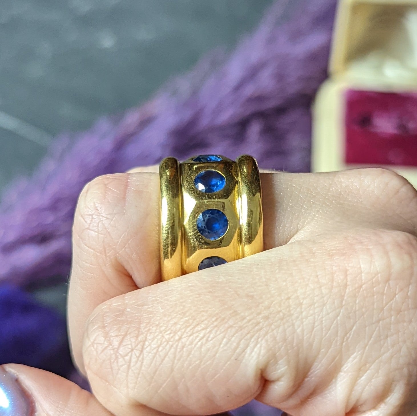 Herz Belperron French 6.00 CTW Sapphire 22 Karat Yellow Gold 16.5 MM Eternity Band Ring Wilson's Estate Jewelry