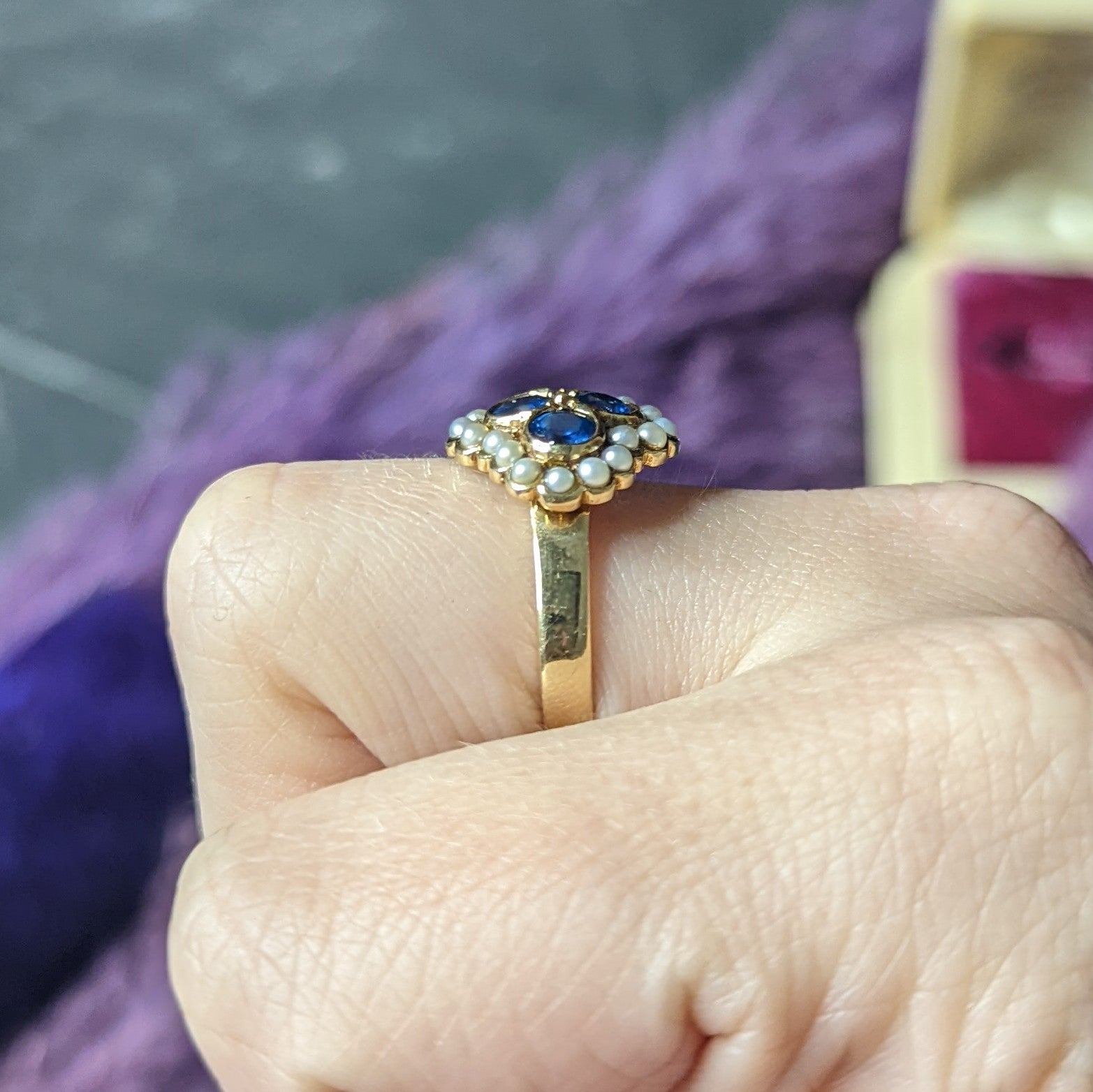 1880's Victorian 1.50 CTW Sapphire Seed Pearl 14 Karat Yellow Gold Antique Cluster Ring Wilson's Estate Jewelry