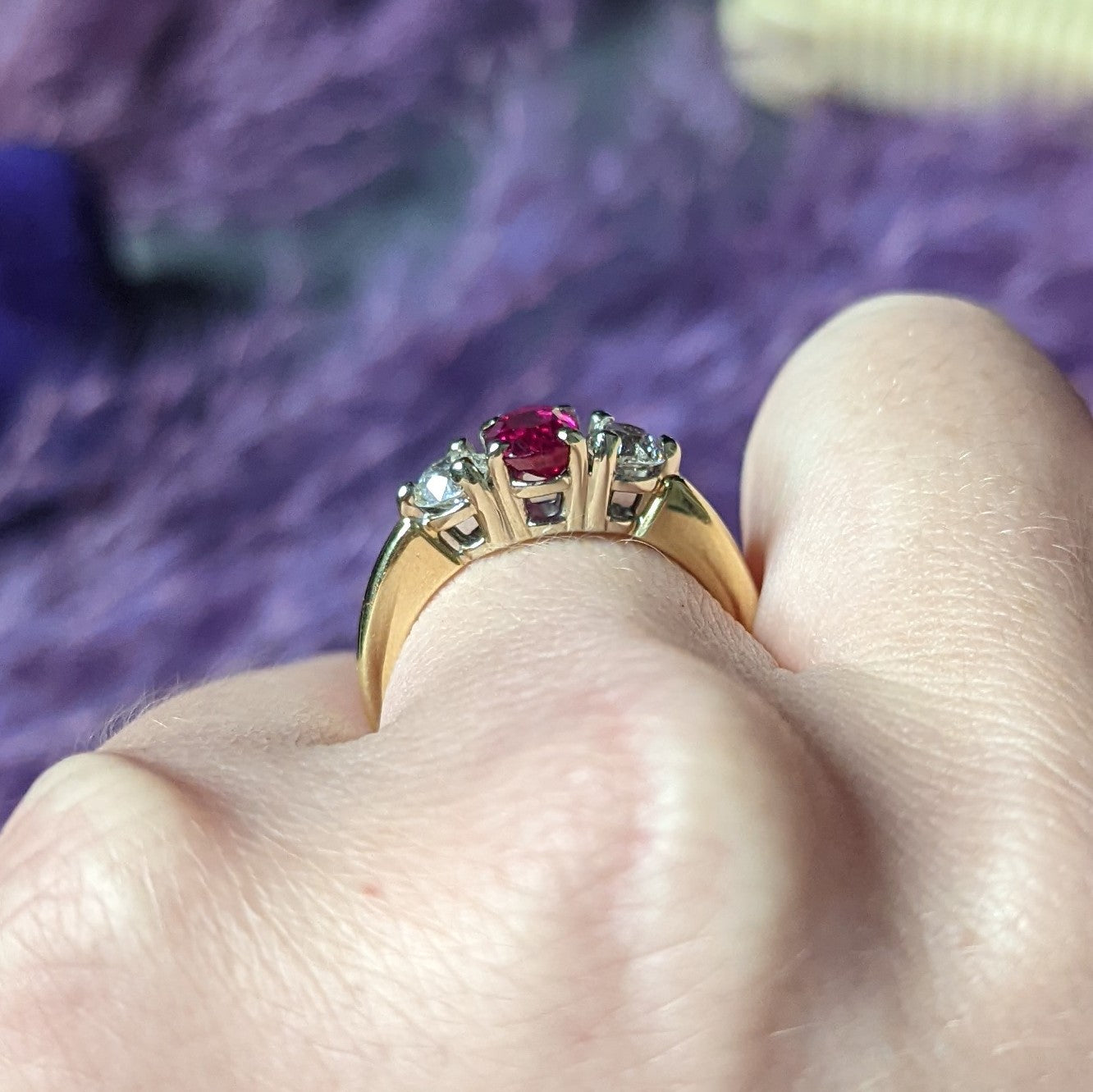 Vintage 1.50 CTW Ruby Diamond 14 Karat Two-Tone Gold Three Stone Ring Wilson's Estate Jewelry