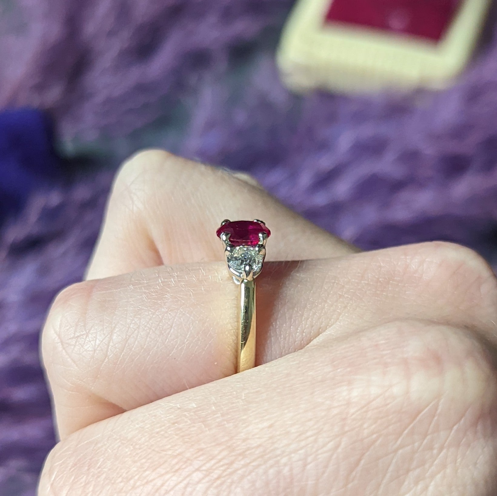 Vintage 1.50 CTW Ruby Diamond 14 Karat Two-Tone Gold Three Stone Ring Wilson's Estate Jewelry