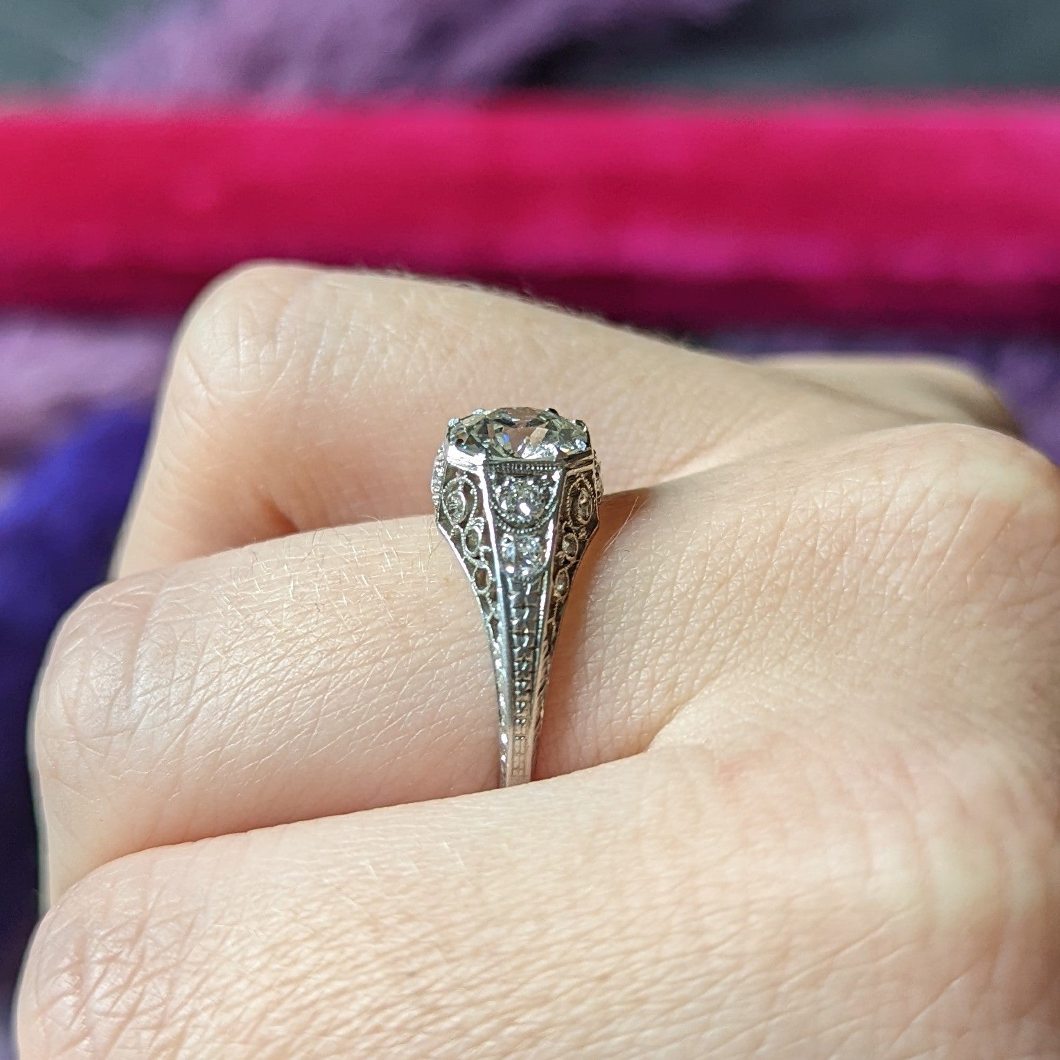 Early Art Deco 1.92 CTW Diamond Platinum Scrolled Filigree Engagement Ring Wilson's Estate Jewelry