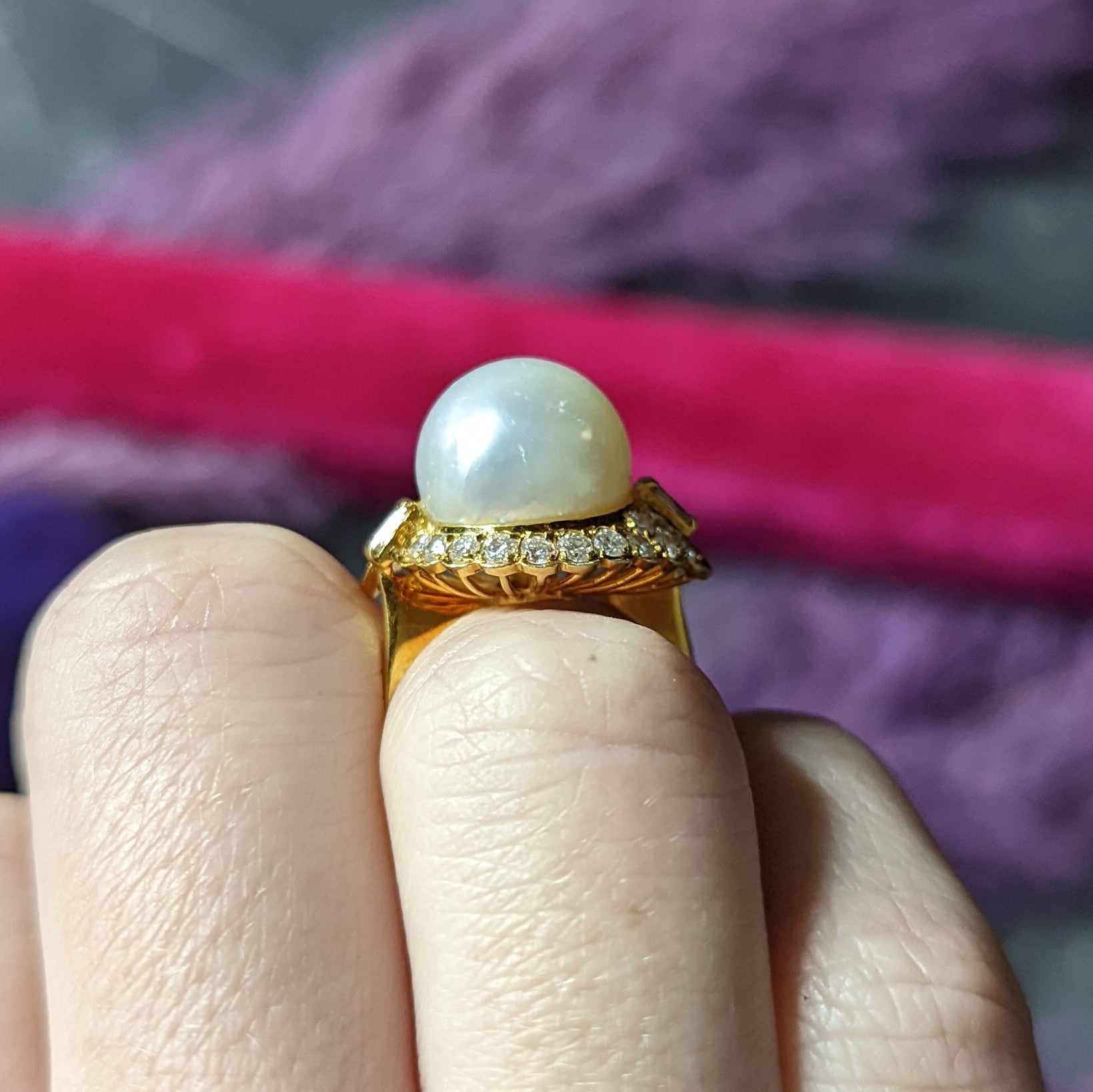 Vintage South Sea Pearl Diamond 18 Karat Yellow Gold Cluster Ring Wilson's Estate Jewelry