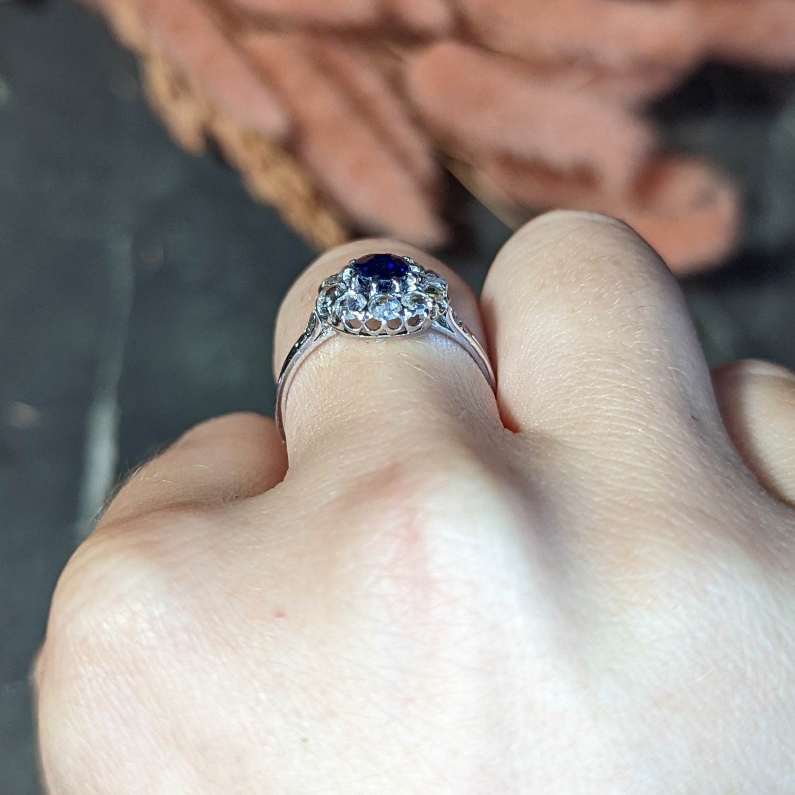 .11111 ##RESHOOT AFTER RHODIUM  SH 1910 Edwardian 1.15 CTW Sapphire Rose Cut Diamond Platinum 18 Karat Gold Antique Cluster Ring Wilson's Estate Jewelry