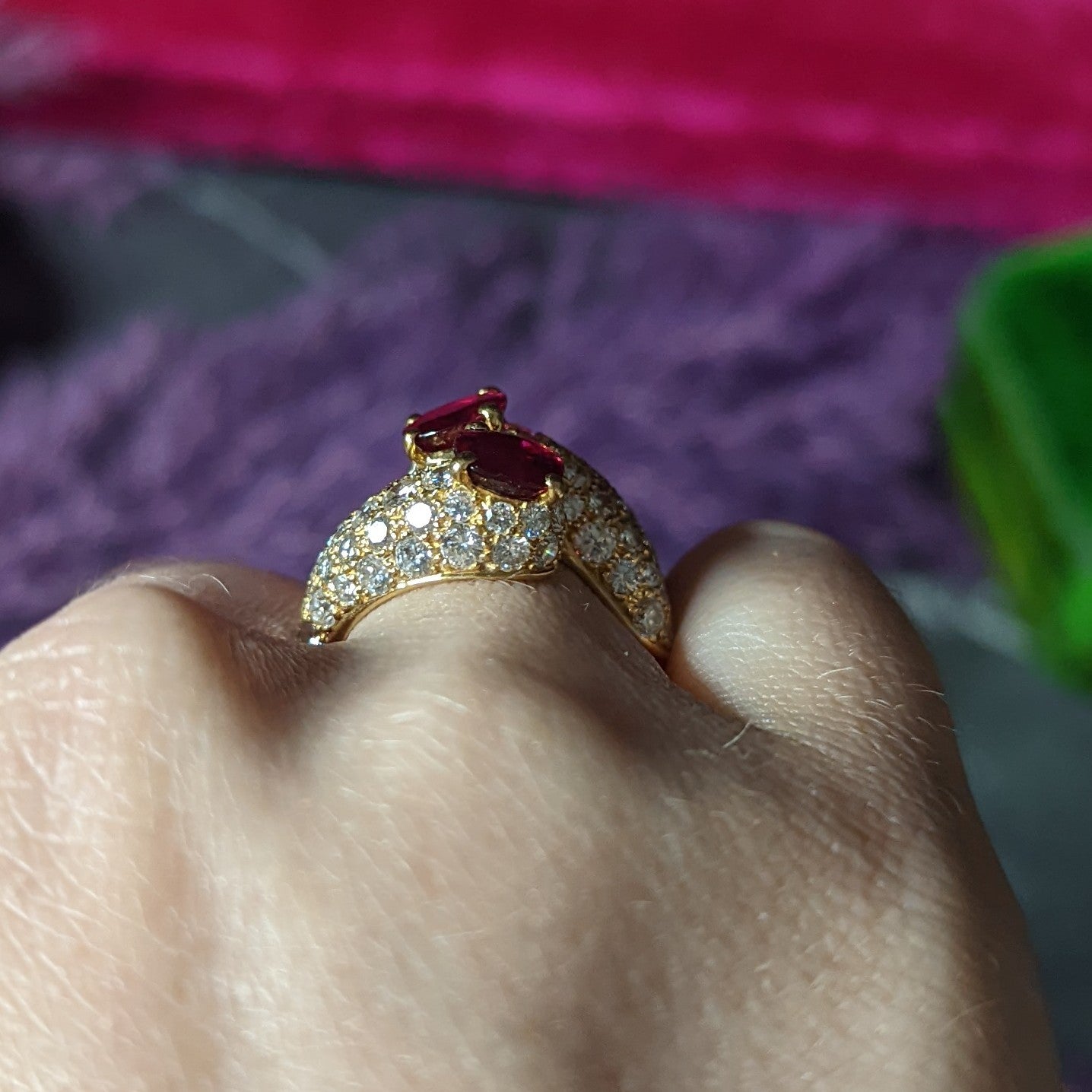 Vintage French Cartier 4.90 CTW Ruby Pavè Diamond 18 Karat Yellow Gold Vintage Bypass Ring GIA Wilson's Estate Jewelry