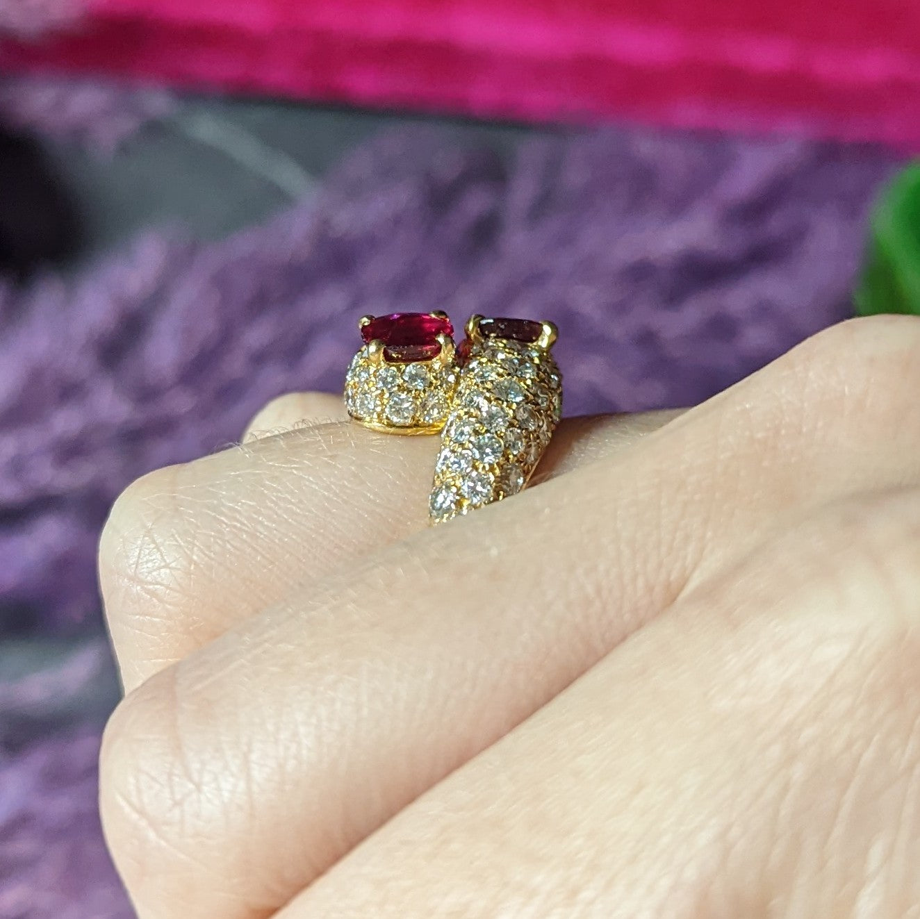 Vintage French Cartier 4.90 CTW Ruby Pavè Diamond 18 Karat Yellow Gold Vintage Bypass Ring GIA Wilson's Estate Jewelry