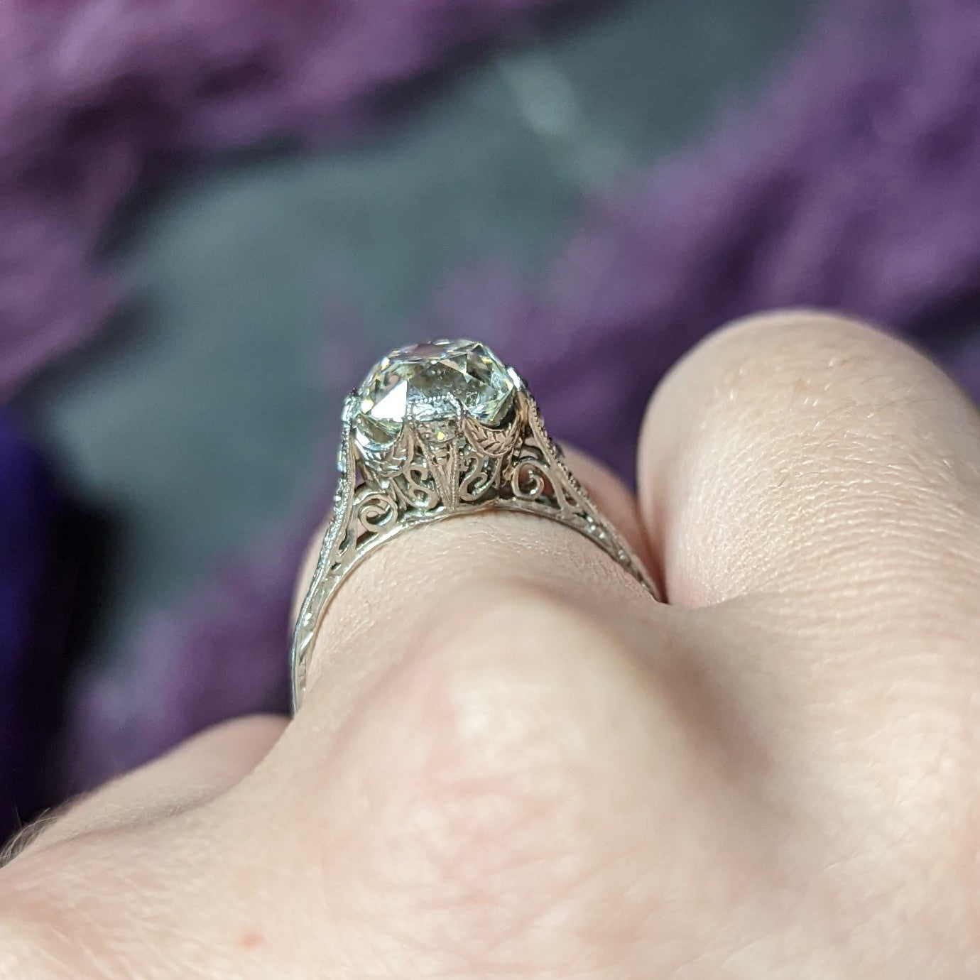 Art Deco 2.78 CTW Old Mine Diamond Platinum Filigree Engagement Ring GIA Wilson's Estate Jewelry