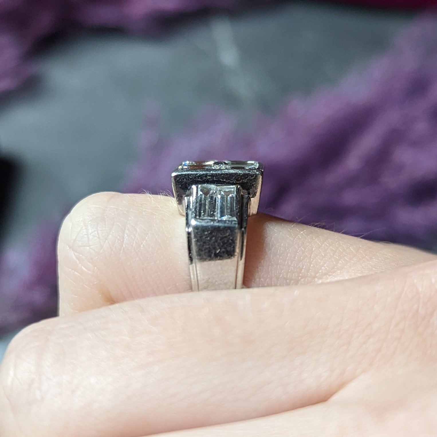 1950's French Mid-Century 3.00 CTW Emerald Cut Diamond Platinum Vintage Mystery Set Ring Wilson's Estate Jewelry