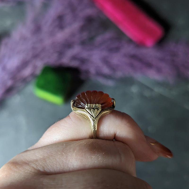 Early Art Deco Egyptian Revival Carved Carnelian 14 Karat Yellow Gold Gemstone Ring Wilson's Estate Jewelry