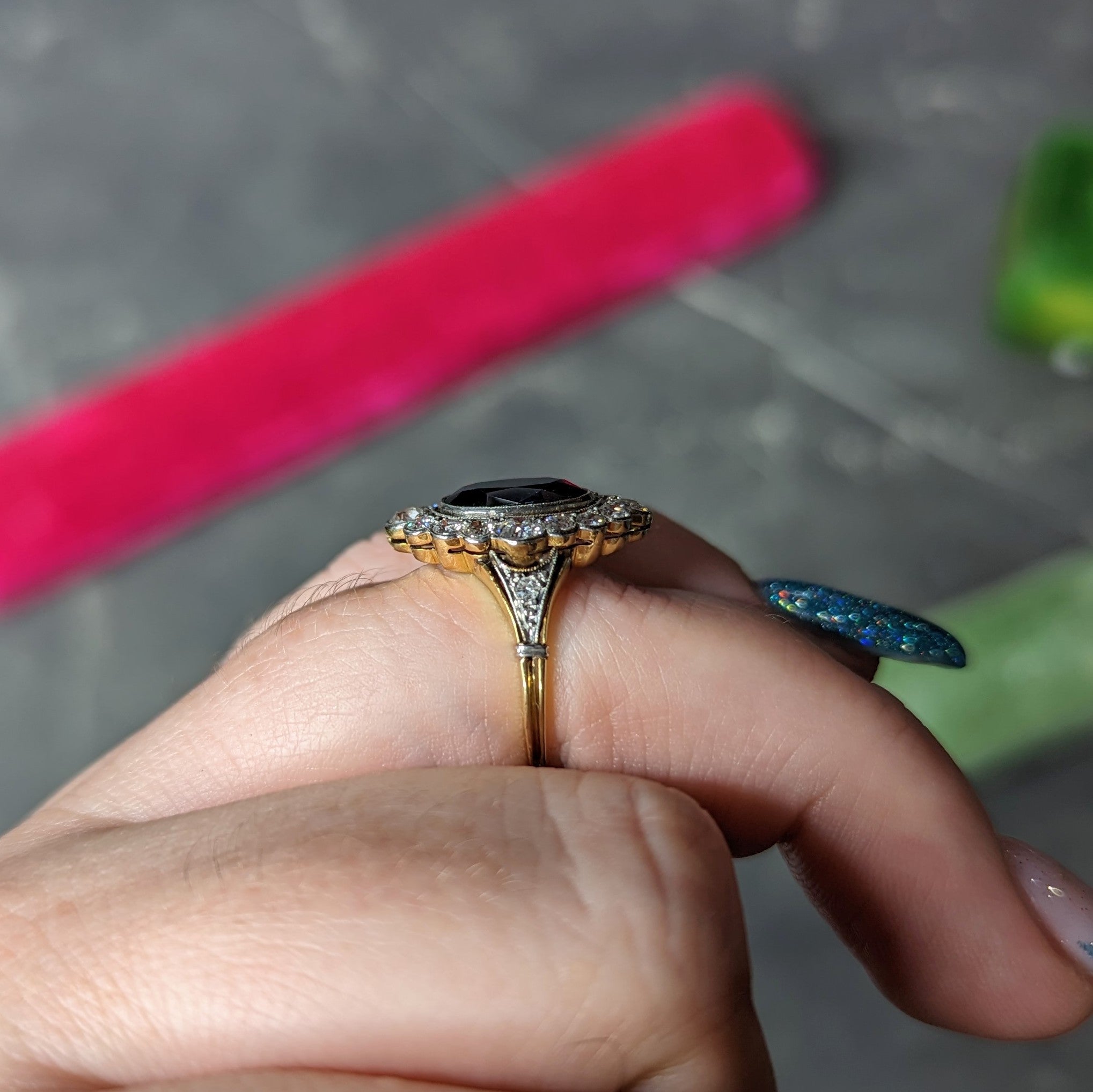 Edwardian 3.60 CTW Oval Cut Sapphire Old Mine & European Cut Diamond Platinum-Topped 18 Karat Yellow Gold Antique Halo Ring Wilson's Estate Jewelry